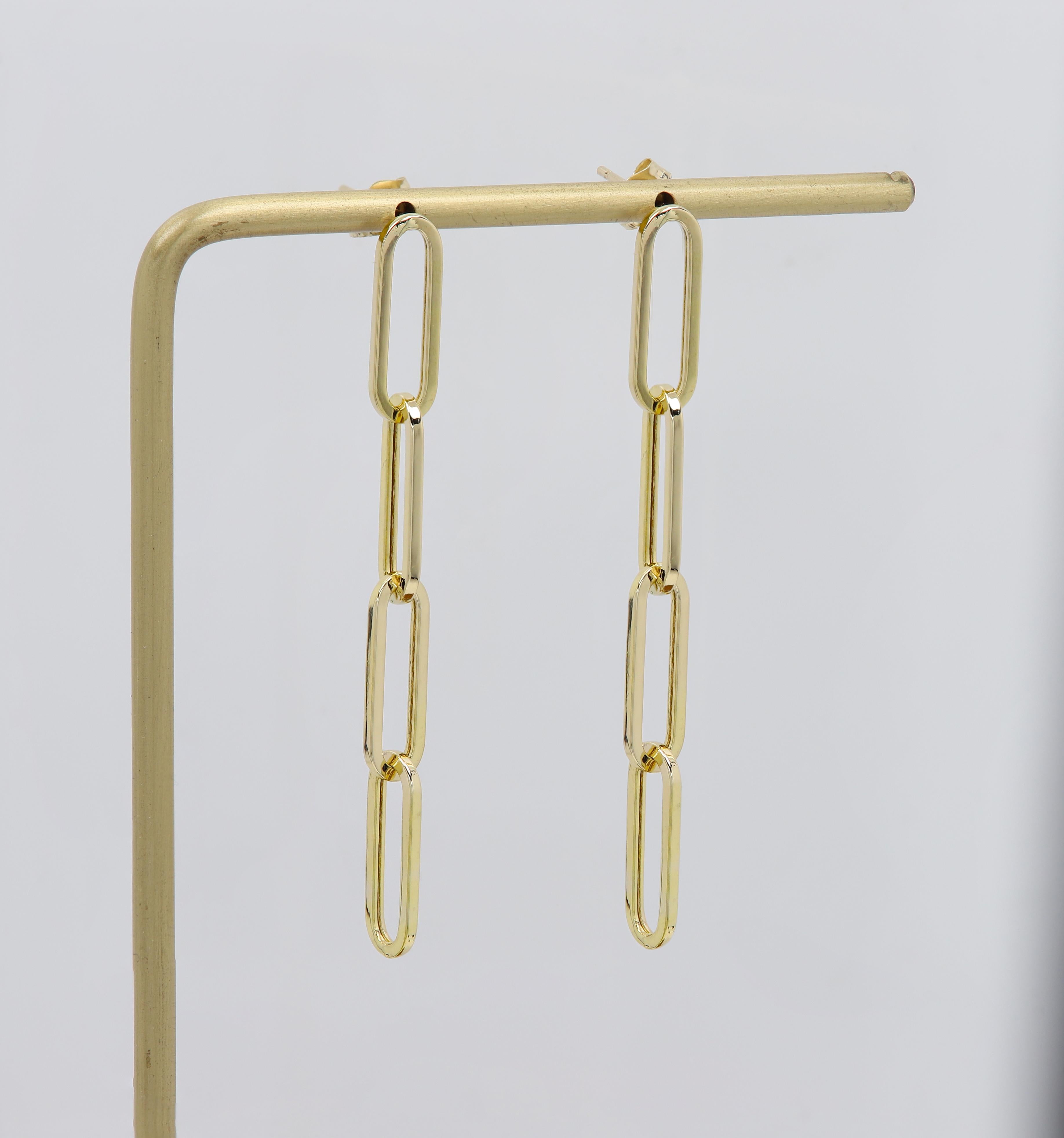 Dangle Paperclip Earring 14 Karat Yellow Gold Dangle Earrings 5mm width In New Condition For Sale In Brooklyn, NY