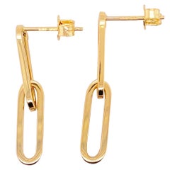 Gold Paper Clip Earrings, 14 Karat Yellow Gold Large Flat Link Earrings Dangles