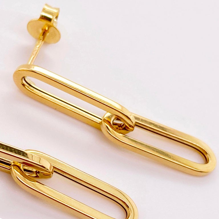 Gold Paper Clip Earrings, 14 Karat Yellow Gold Large Flat Link Earrings