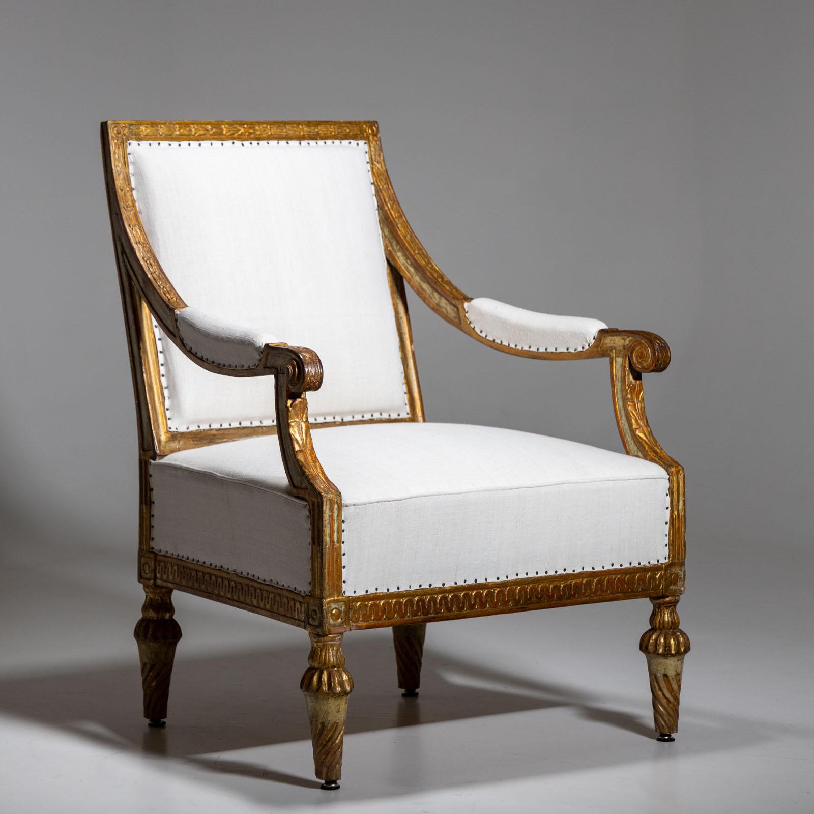 French Gold-patinated armchair, around 1780 For Sale