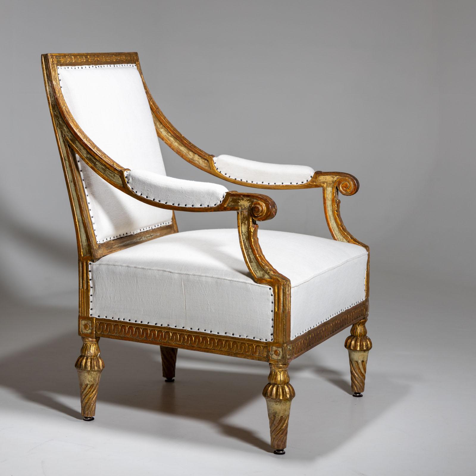 Patinated Gold-patinated armchair, around 1780 For Sale