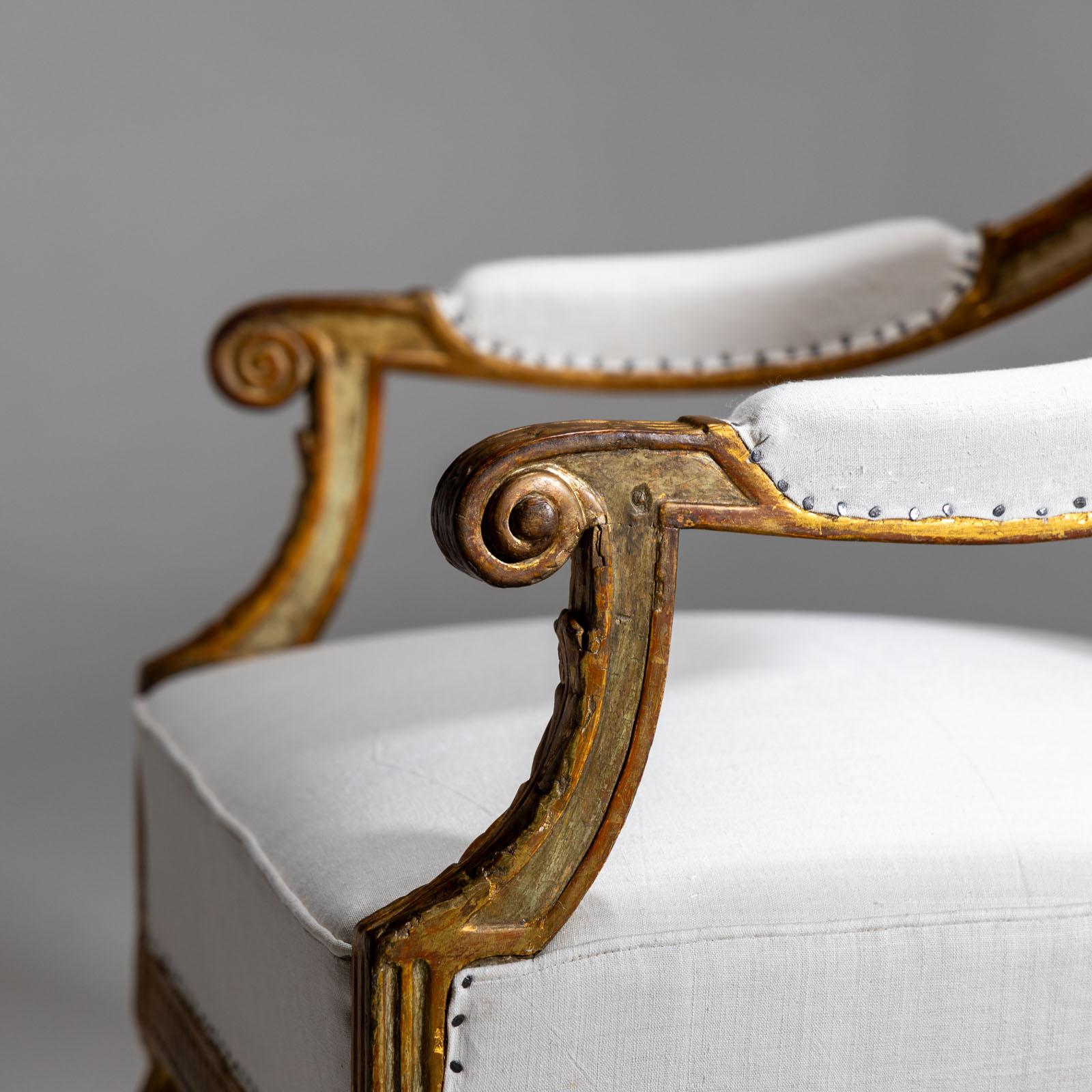 Fabric Gold-patinated armchair, around 1780 For Sale