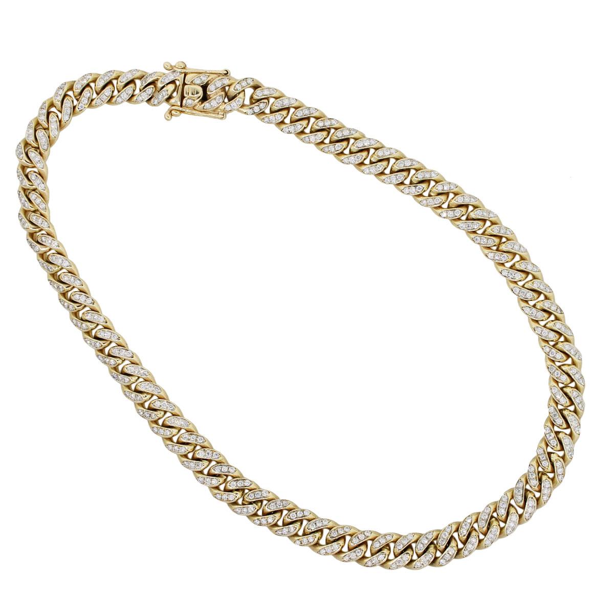 Material: 10k yellow gold
Diamond Details: Approximately 12ctw of round brilliant diamonds. Diamonds are H/I in color, VS-SI in clarity
Measurements: Necklace measures 18.25″ in length.
Fastening: Tongue in box clasp with double safety latch
Item