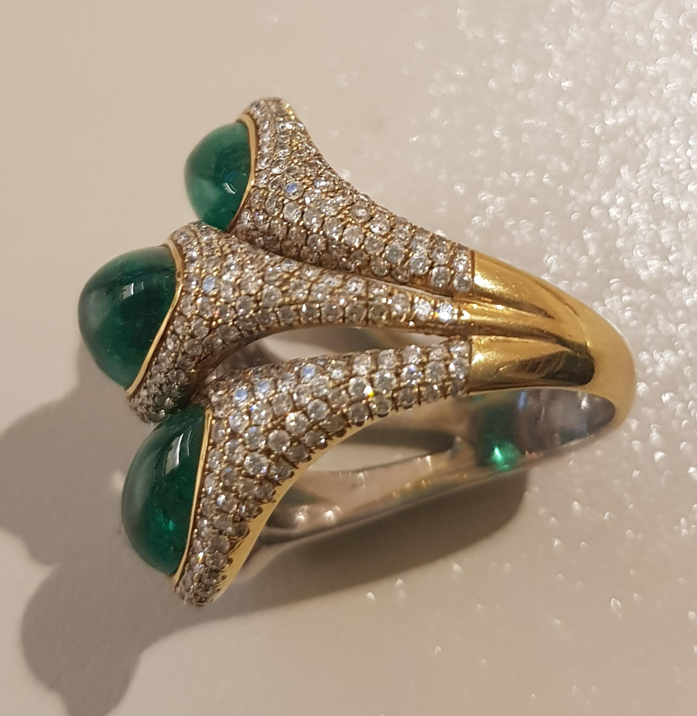 Gold Pear Shape Diamond Pear Shape Cabochon Emerald Cocktail Ring For Sale 2