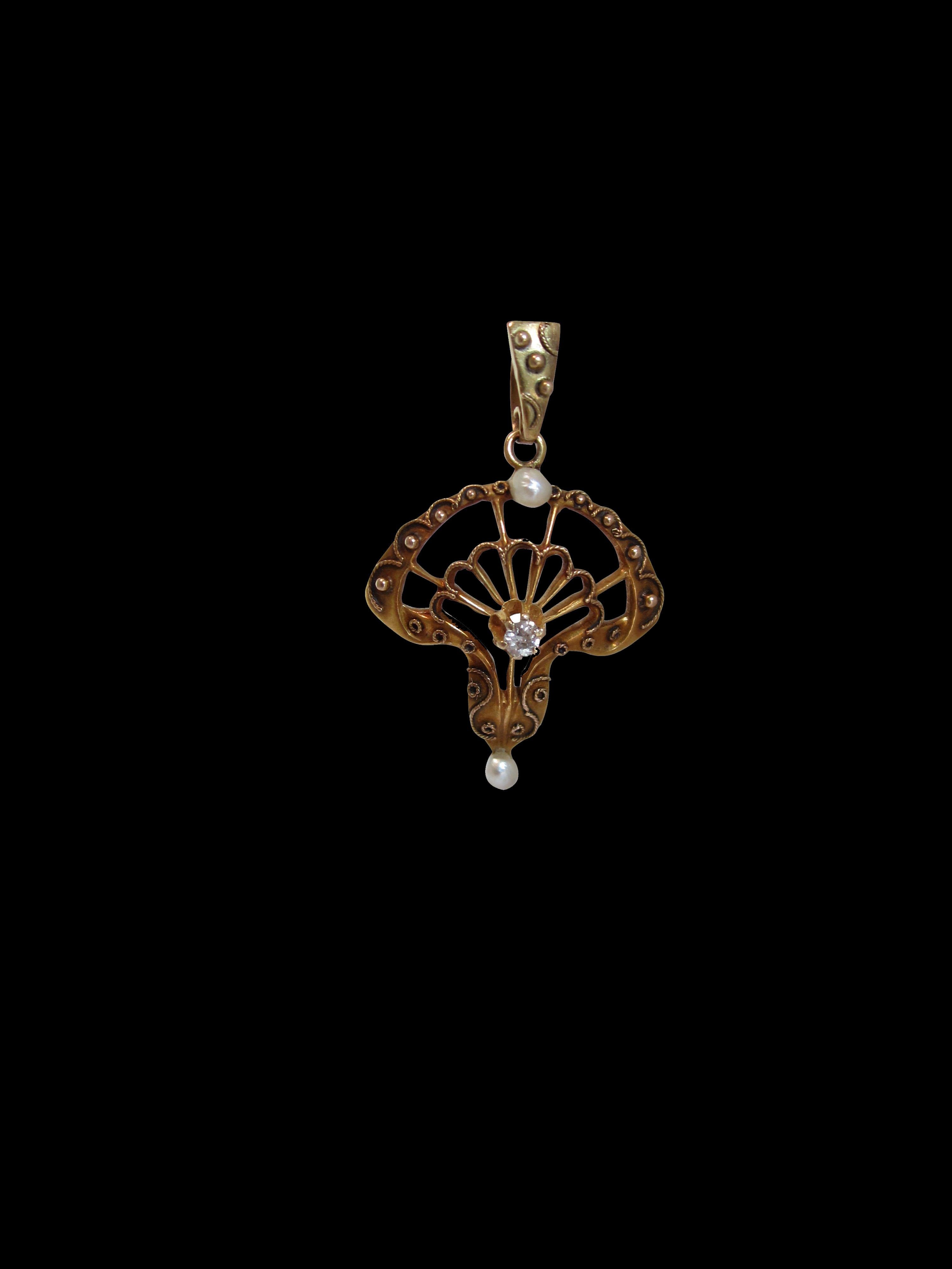 Art Nouveau Gold Pearl and Diamond Pendant, circa 1890