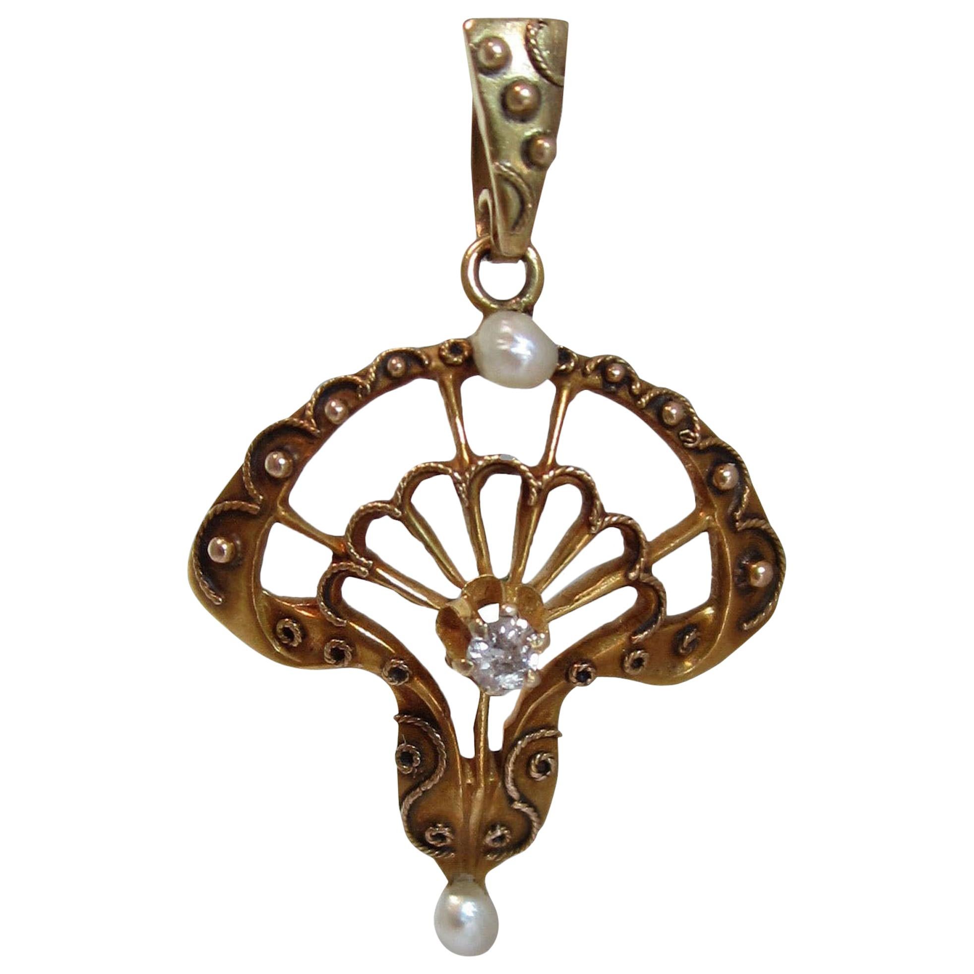 Gold Pearl and Diamond Pendant, circa 1890