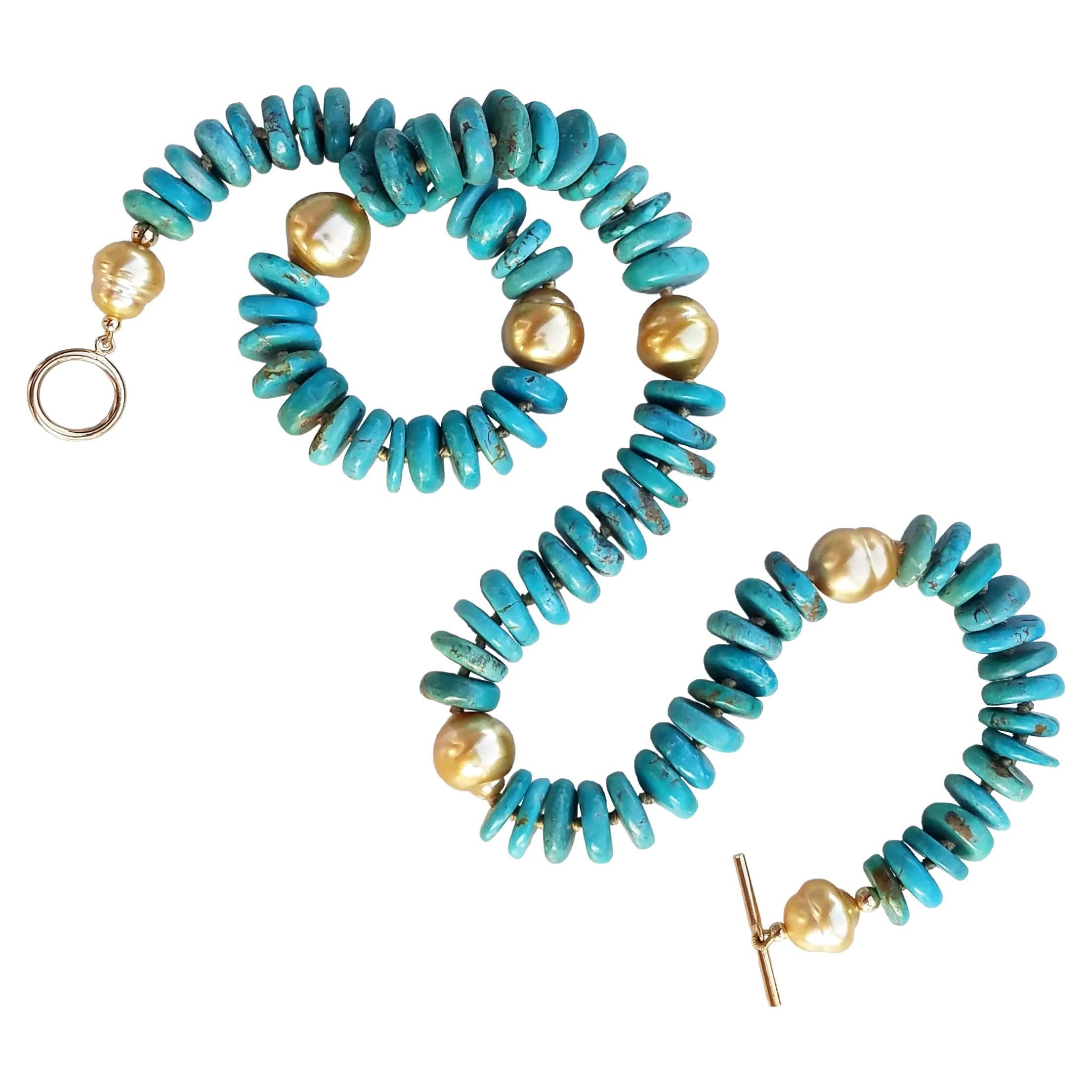 Collar de perlas doradas y turquesas