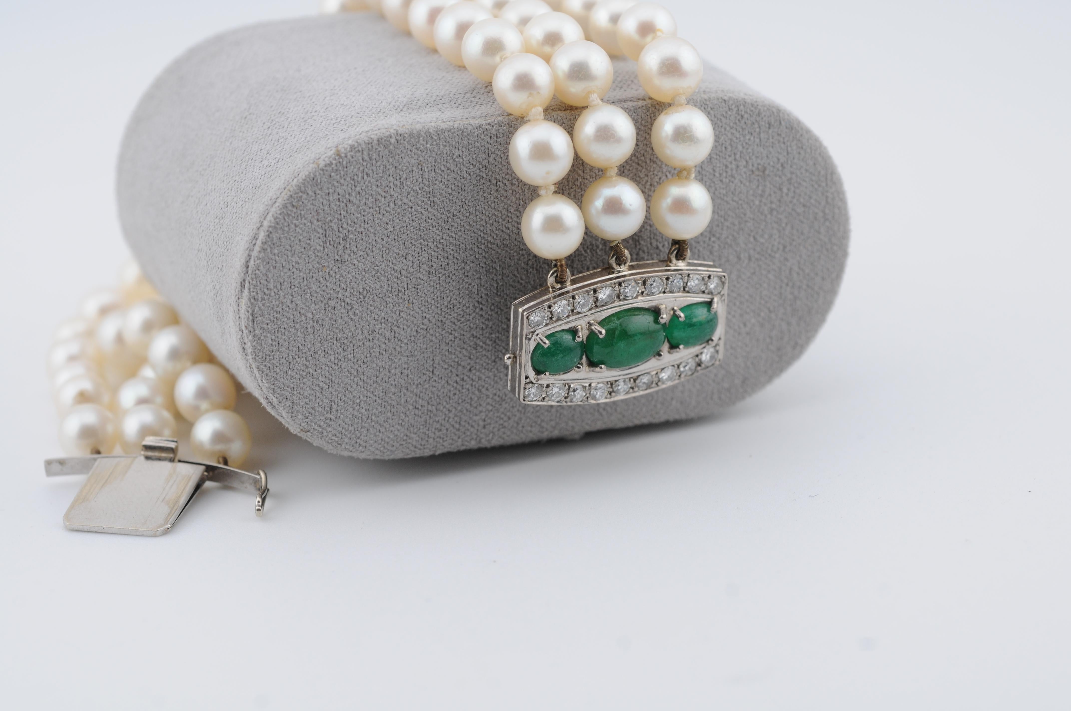 Gold Pearl Bracelet with Emerald Cabochons & Diamonds  Art Deco For Sale 5