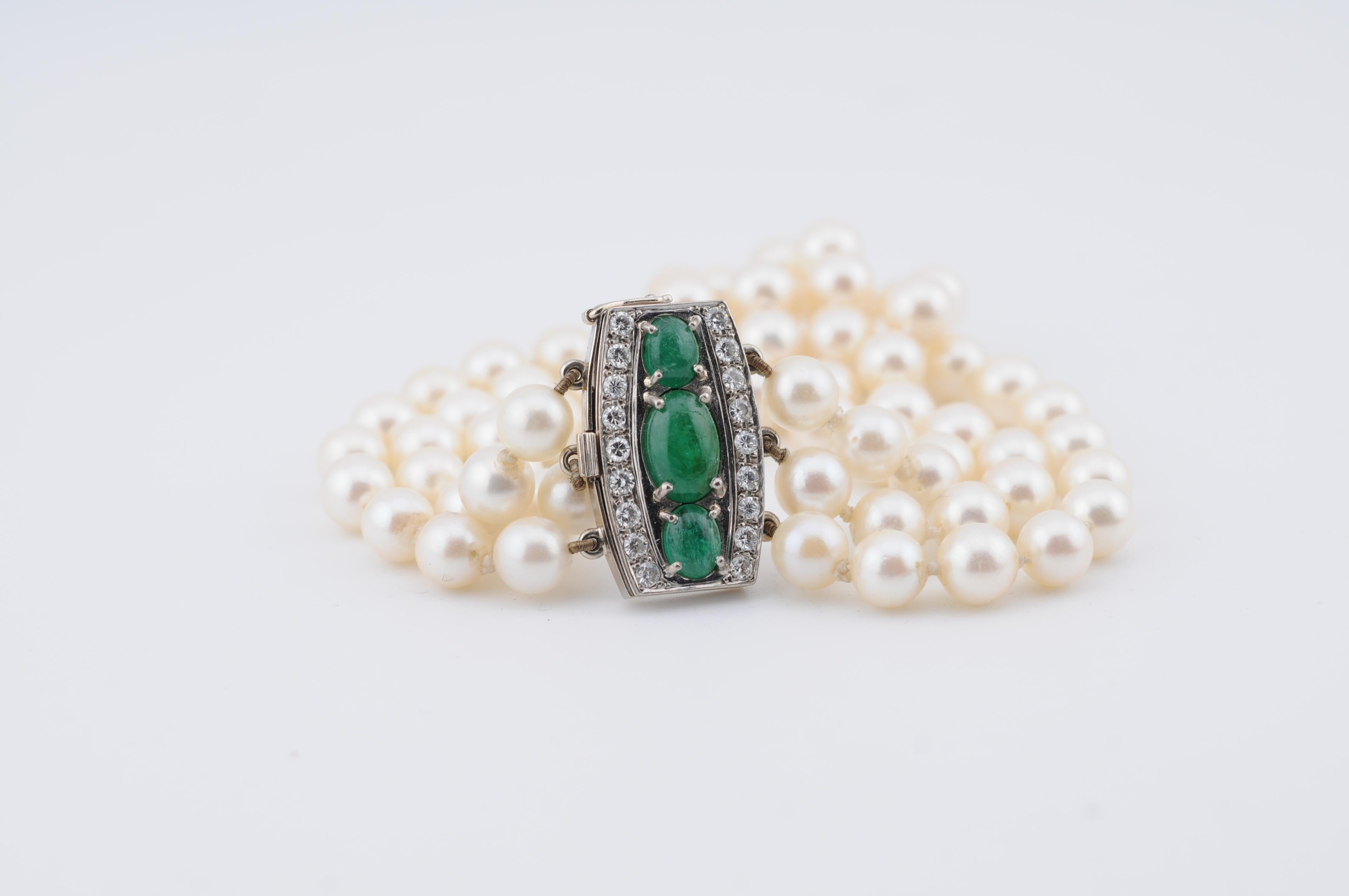 Mixed Cut Gold Pearl Bracelet with Emerald Cabochons & Diamonds  Art Deco For Sale