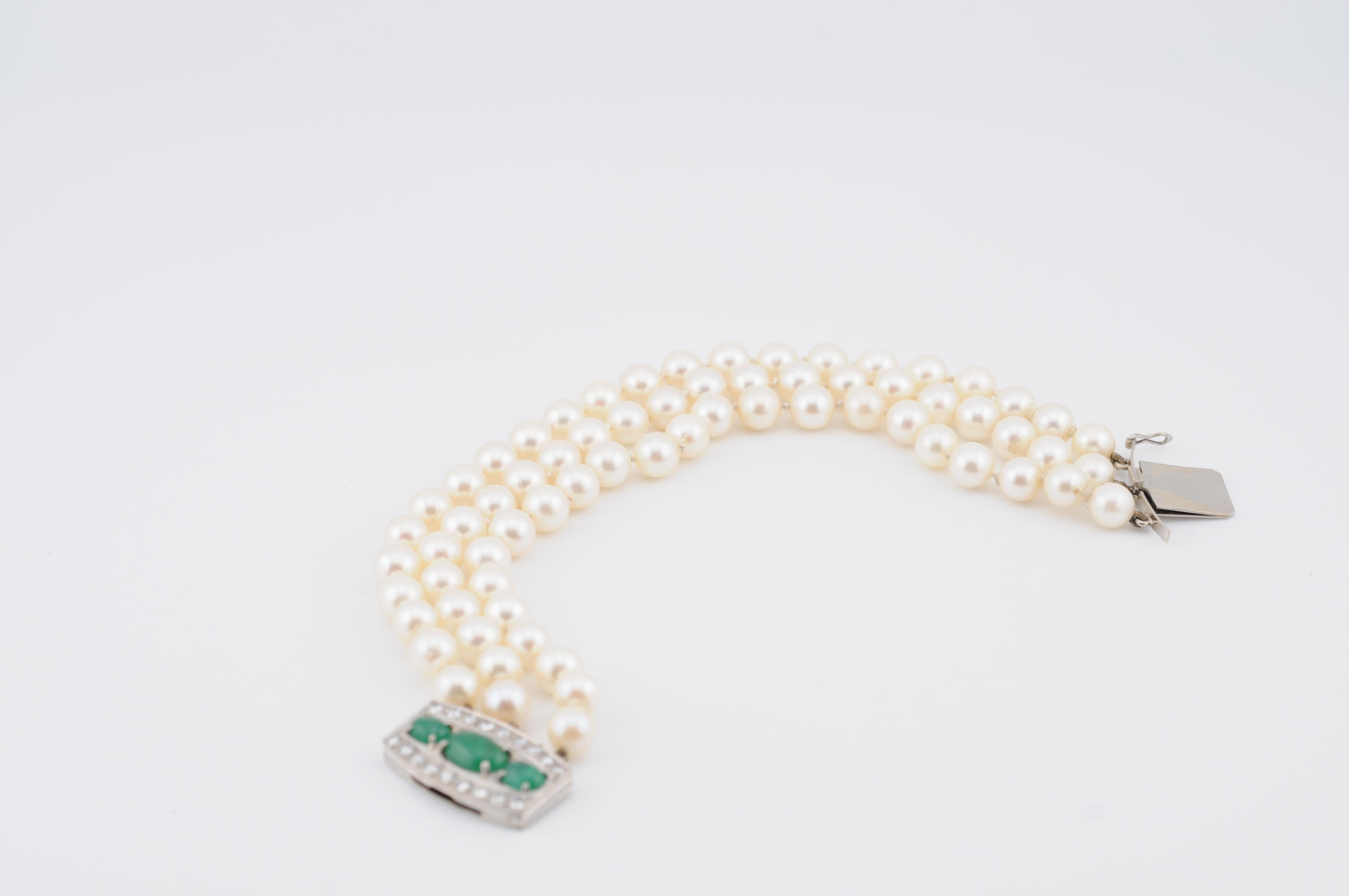 Women's or Men's Gold Pearl Bracelet with Emerald Cabochons & Diamonds  Art Deco For Sale