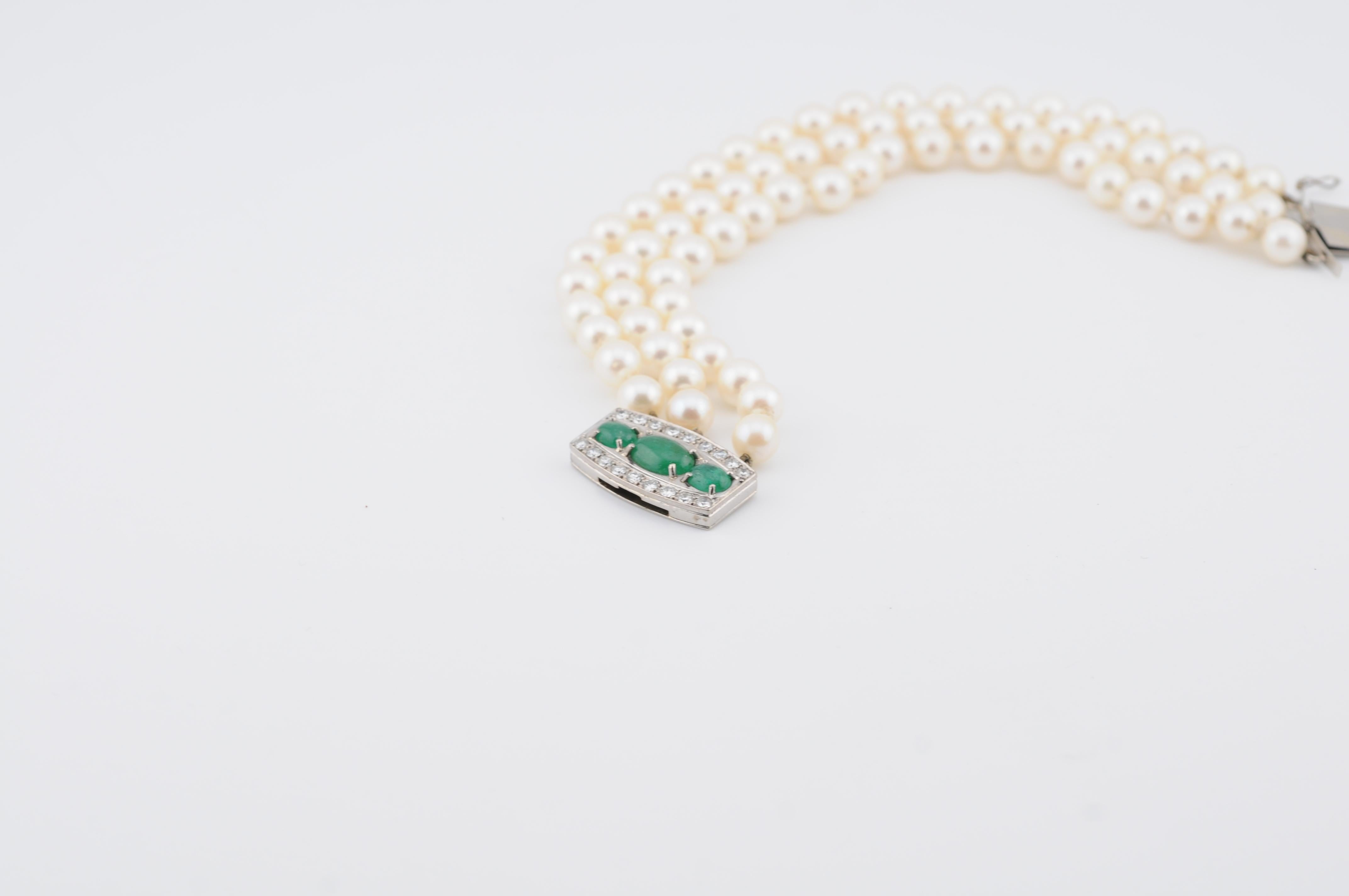 Gold Pearl Bracelet with Emerald Cabochons & Diamonds  Art Deco For Sale 1