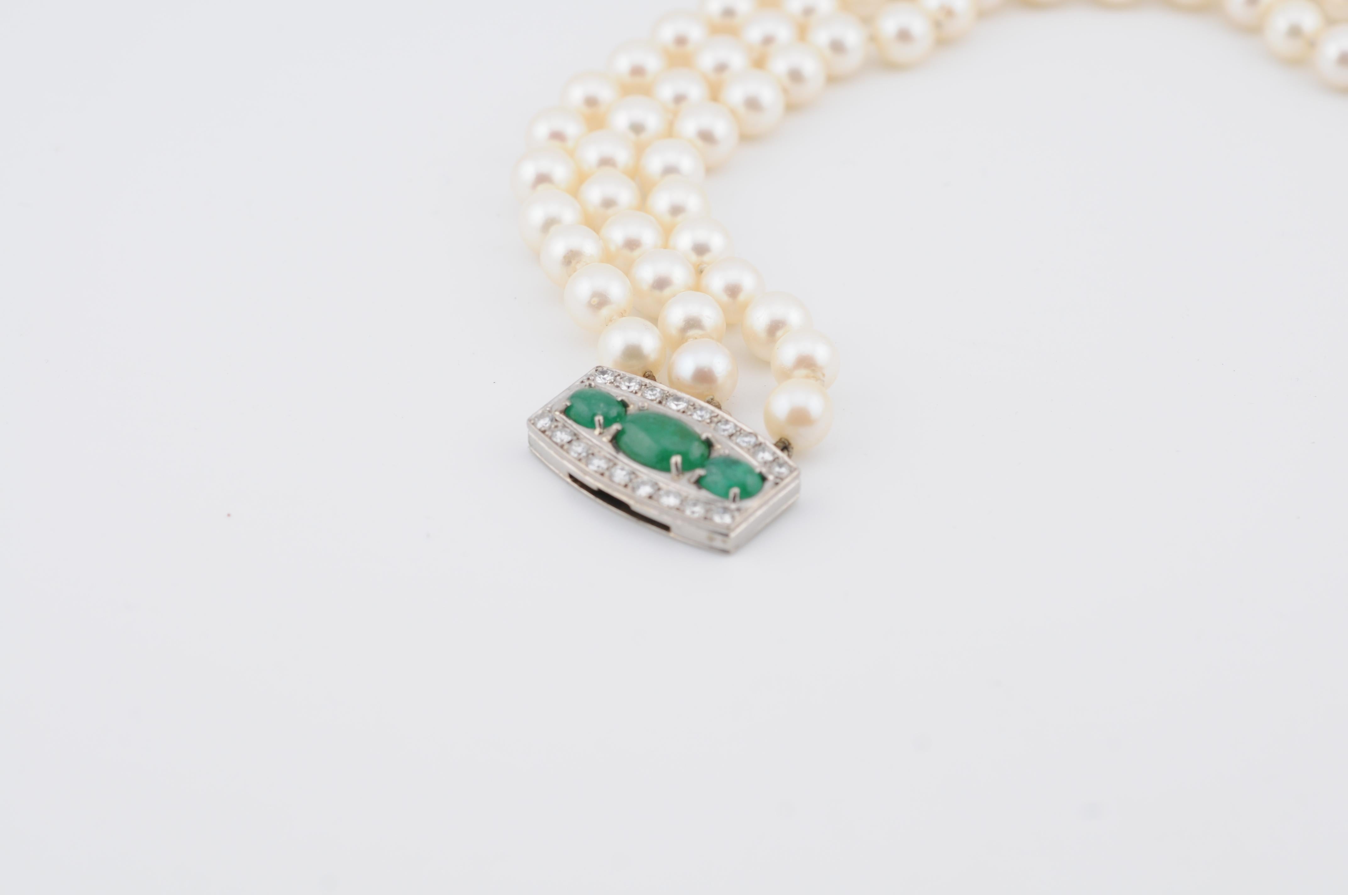 Gold Pearl Bracelet with Emerald Cabochons & Diamonds  Art Deco For Sale 2