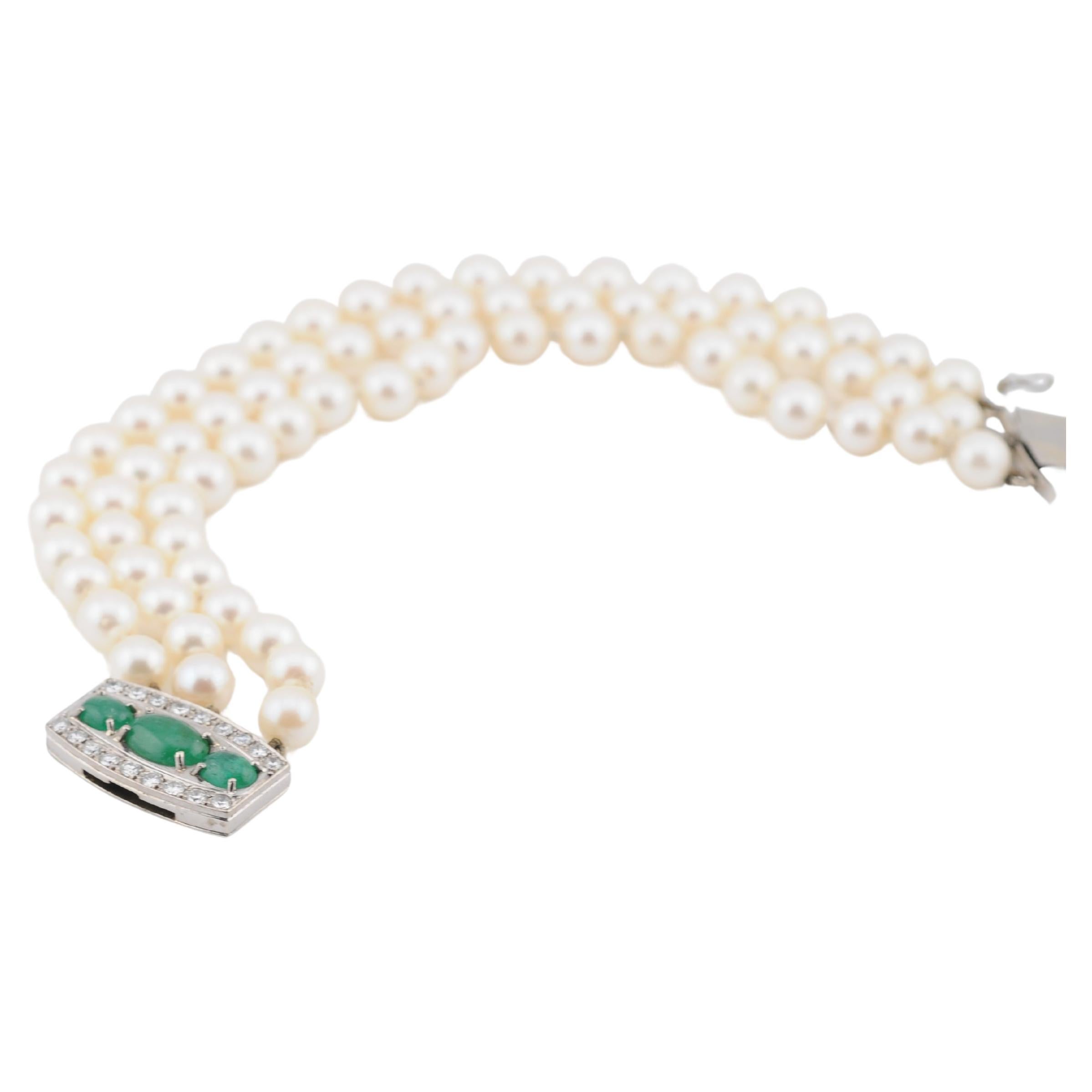 Gold Pearl Bracelet with Emerald Cabochons & Diamonds  Art Deco For Sale
