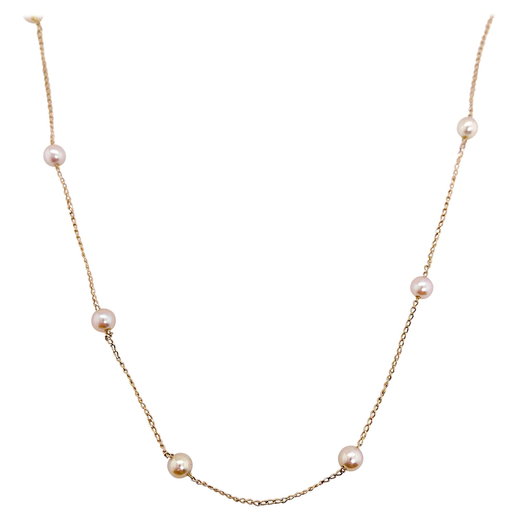 Gold Pearl Chain in Yellow Gold, Wedding Necklace, Tin Cup Pearl Necklace For Sale