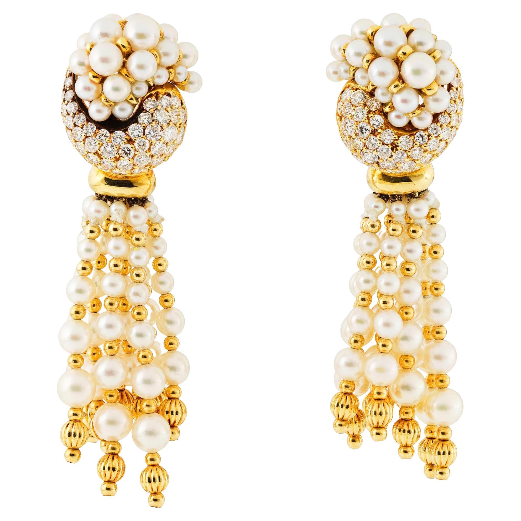 Gold Pearl Dangling Earrings For Sale