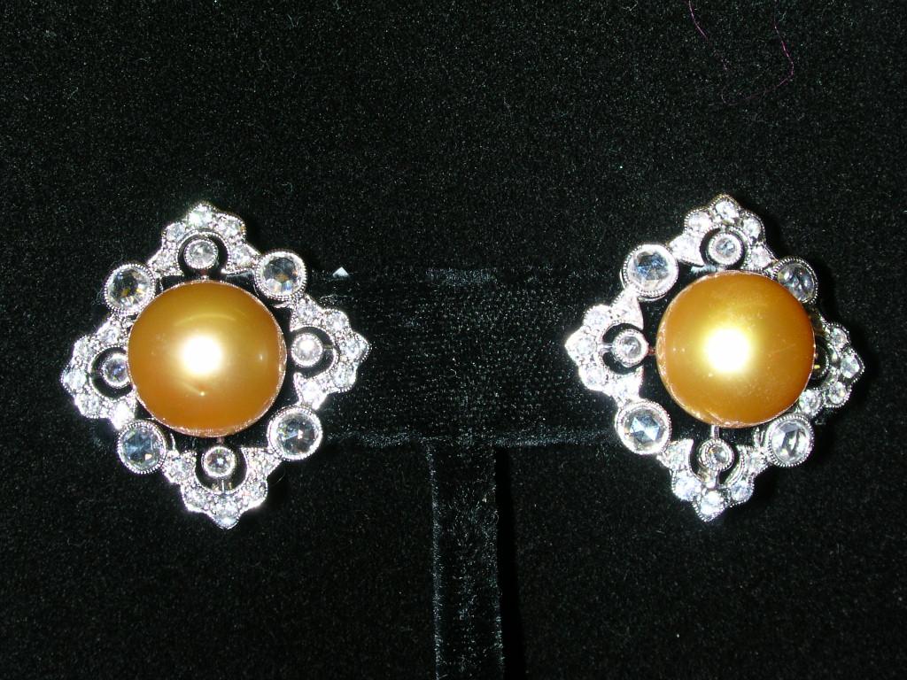 Art Deco Gold Pearl Diamond Clip-On Earrings