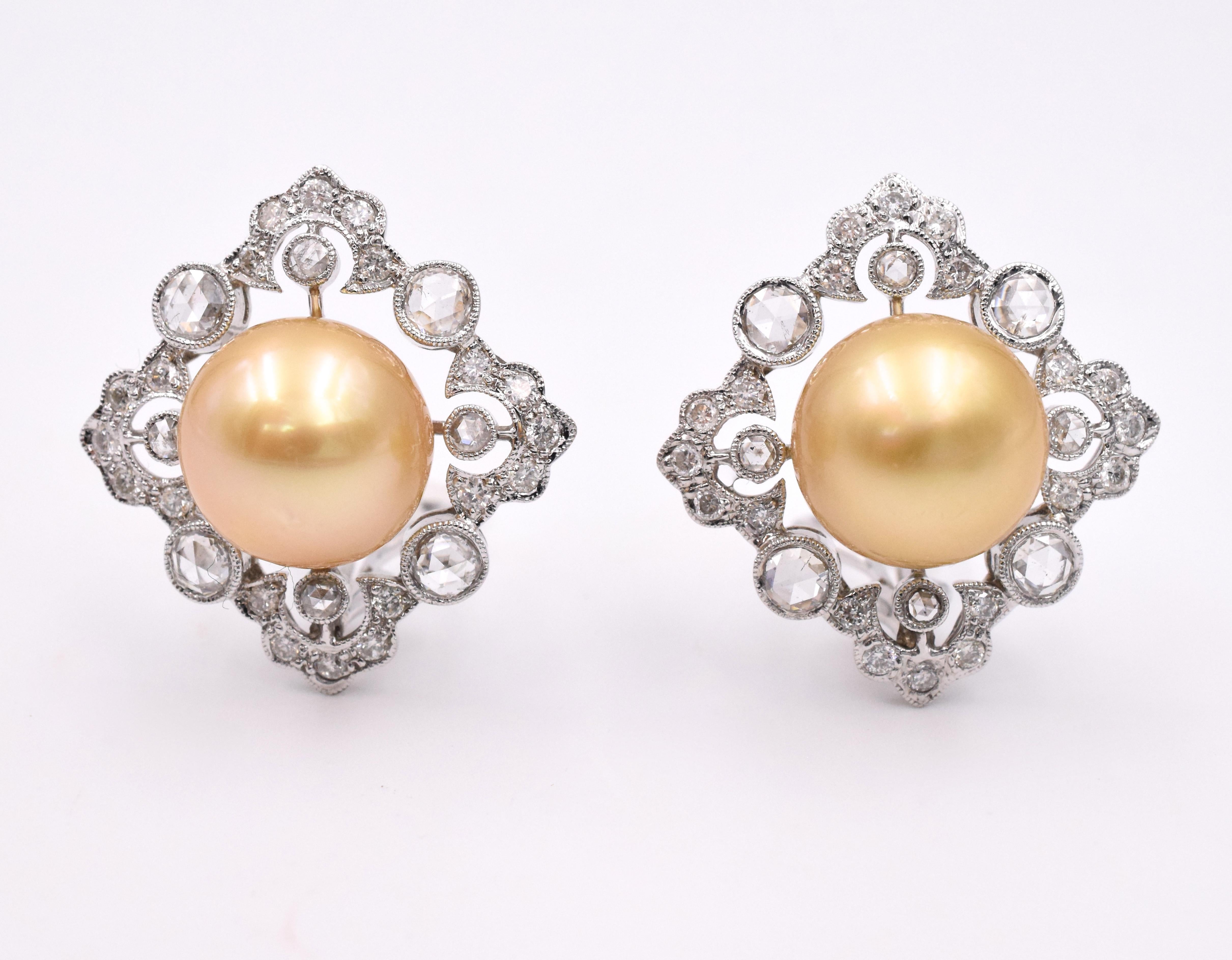 Gold Pearl Diamond Clip-On Earrings 1