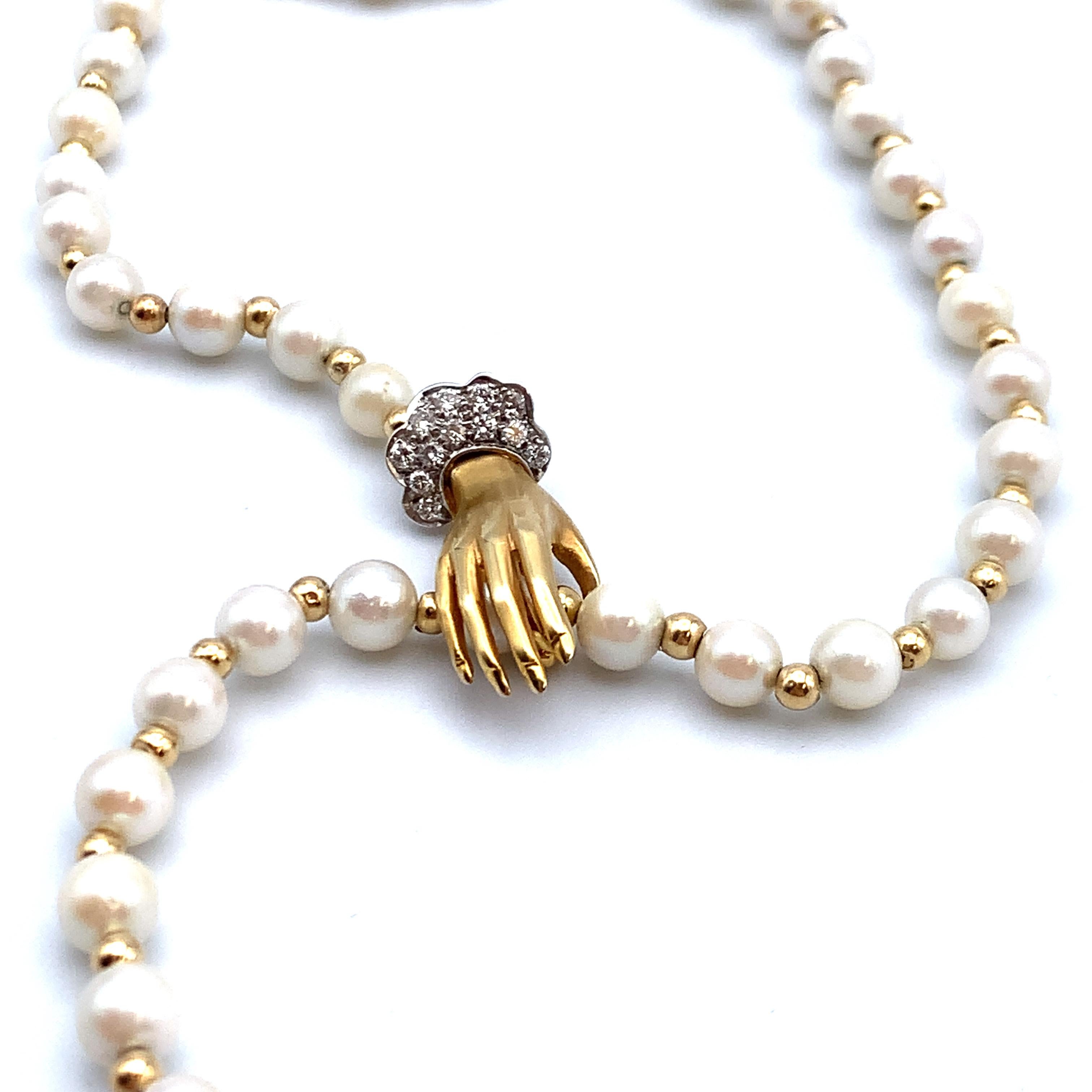 Gold Pearl & Diamond Hand Necklace In Excellent Condition For Sale In New York, NY