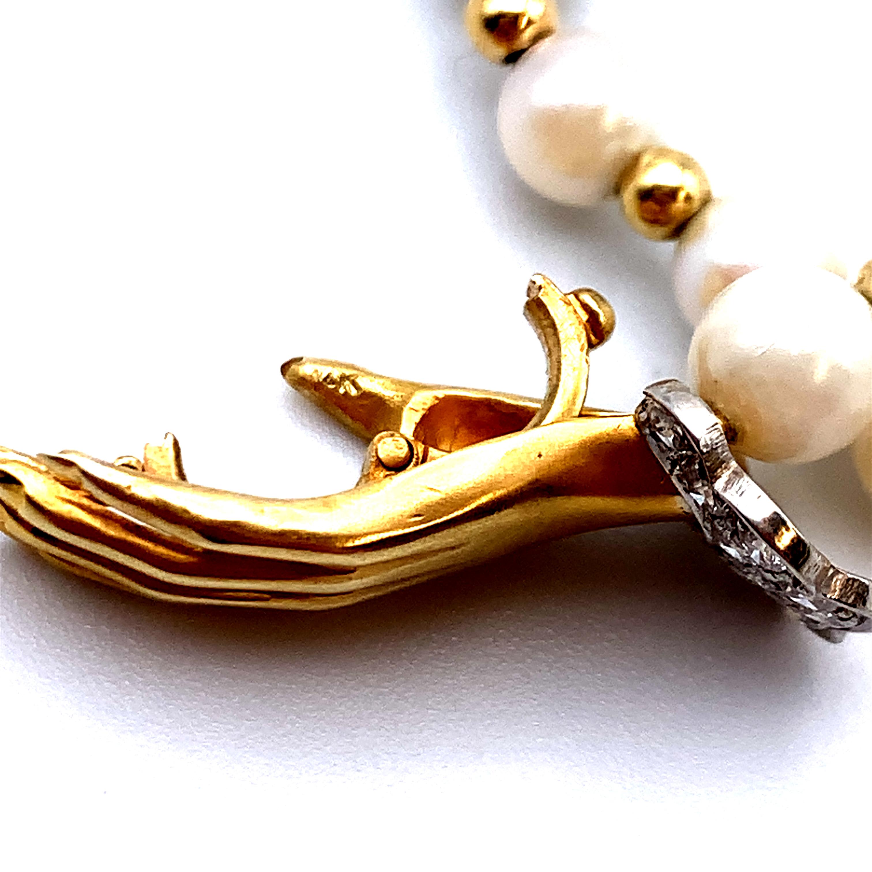 Gold Pearl & Diamond Hand Necklace For Sale 4