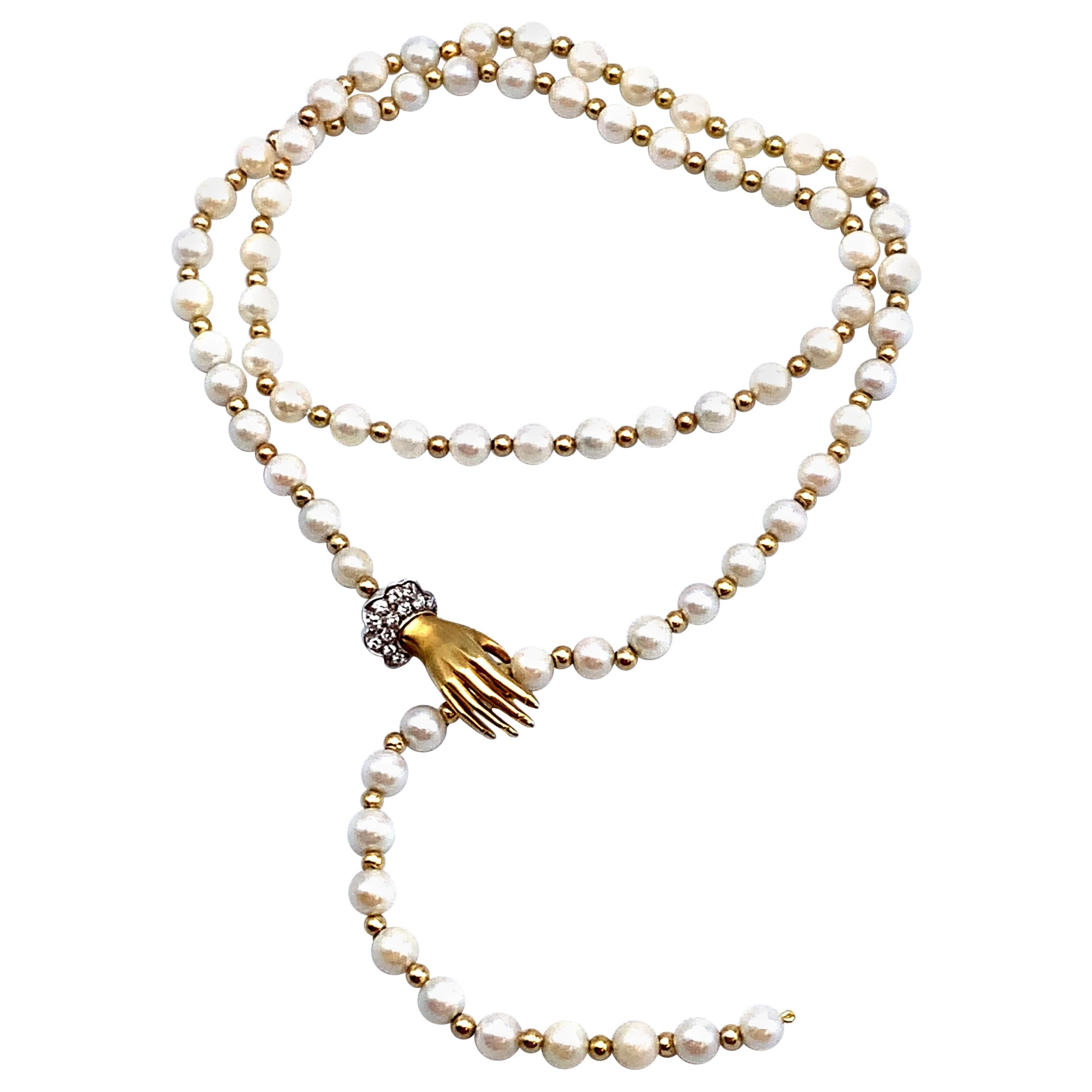 Gold Pearl & Diamond Hand Necklace For Sale