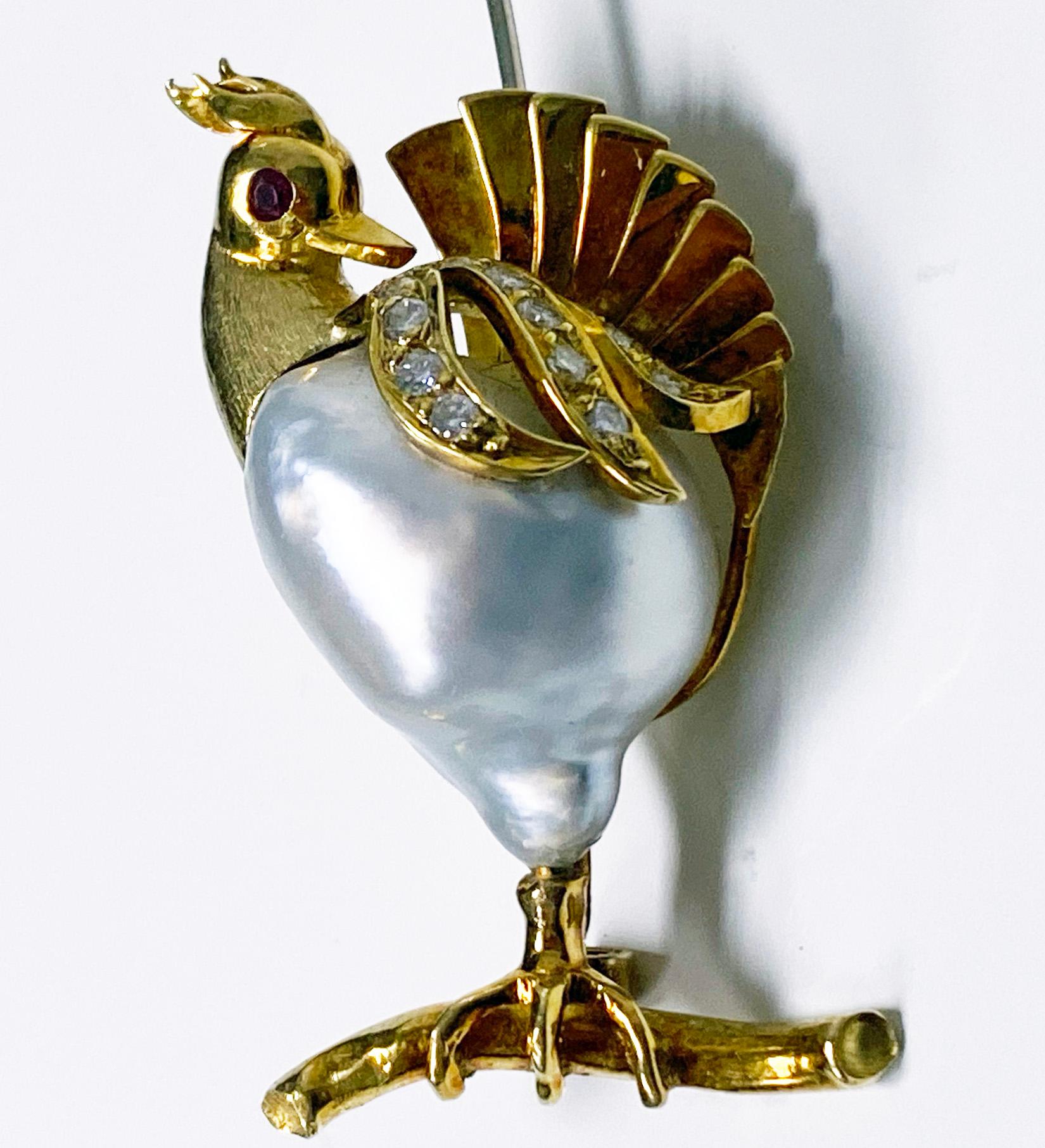 Brilliant Cut Gold Pearl Diamond Ruby Peacock Brooch