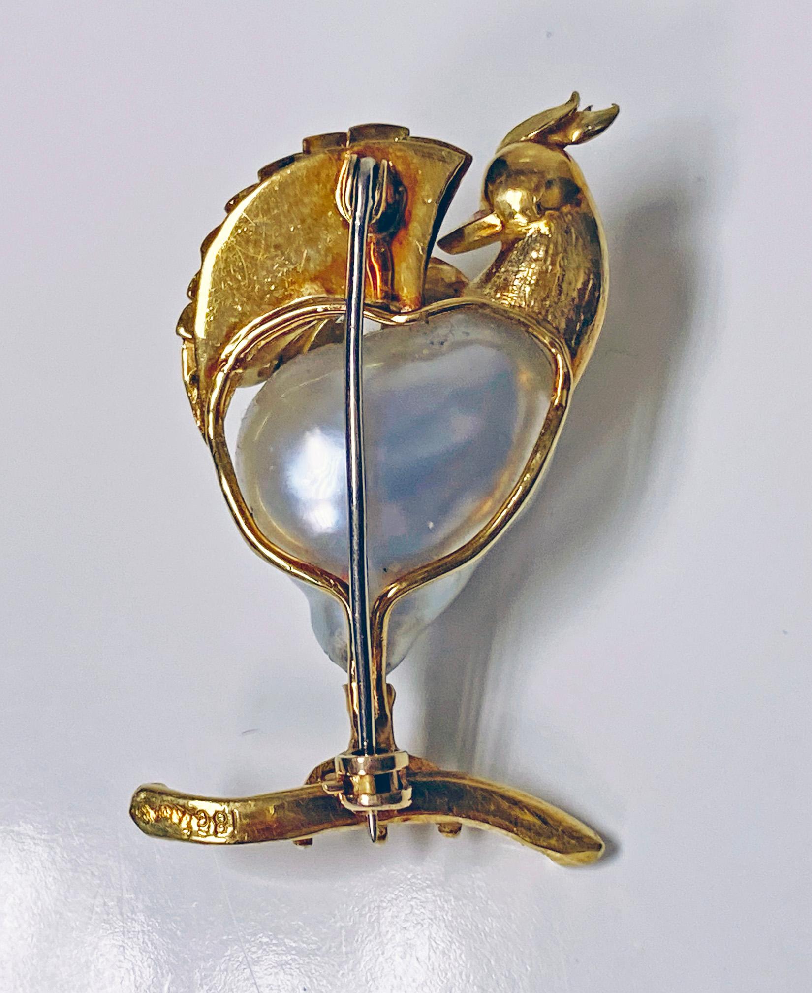 Gold Pearl Diamond Ruby Peacock Brooch In Good Condition In Toronto, ON