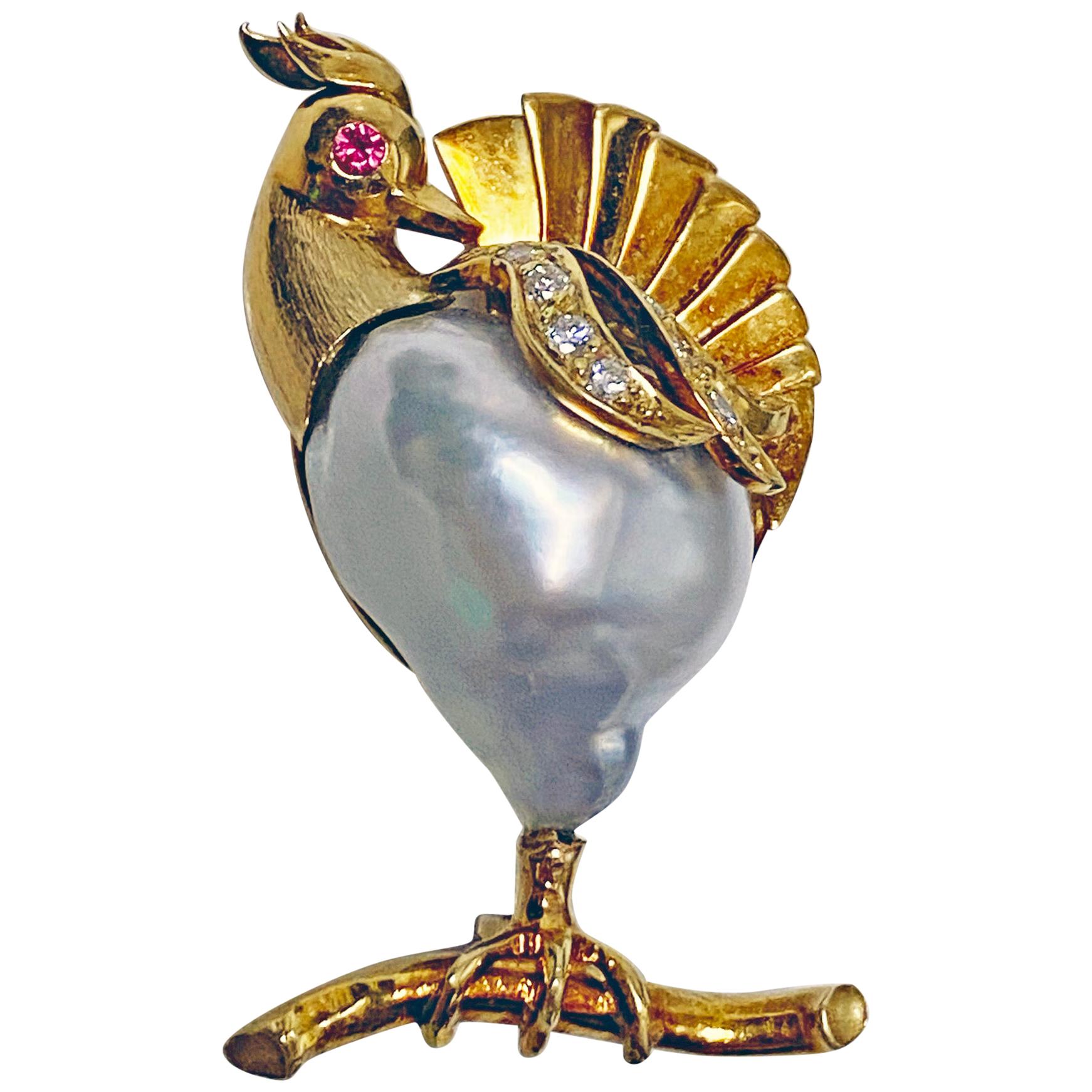 Gold Pearl Diamond Ruby Peacock Brooch
