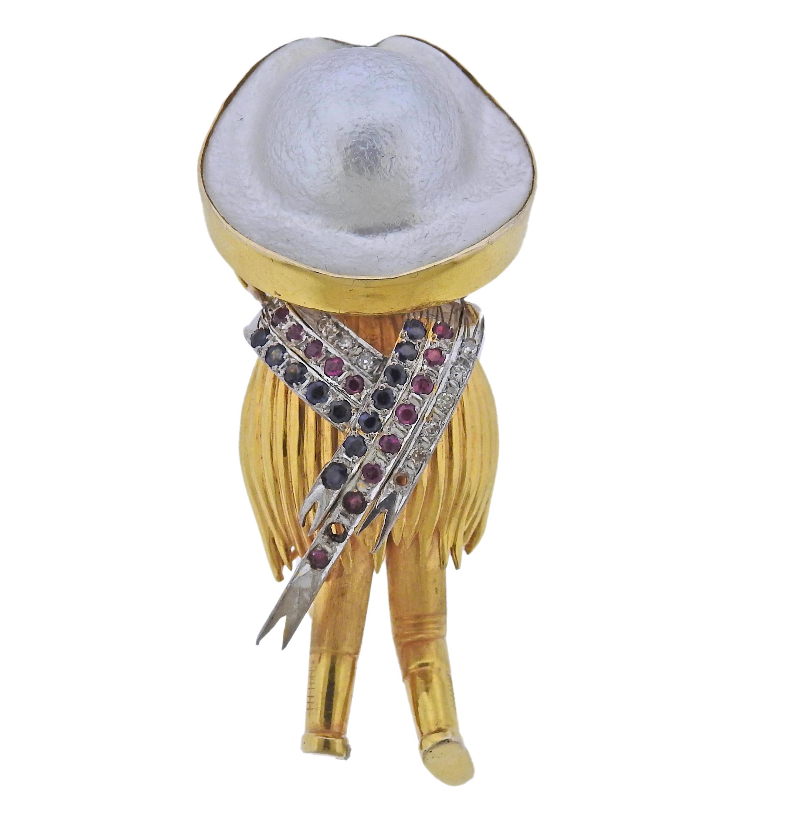 Round Cut Gold Pearl Diamond Ruby Sapphire Sombrero Brooch For Sale