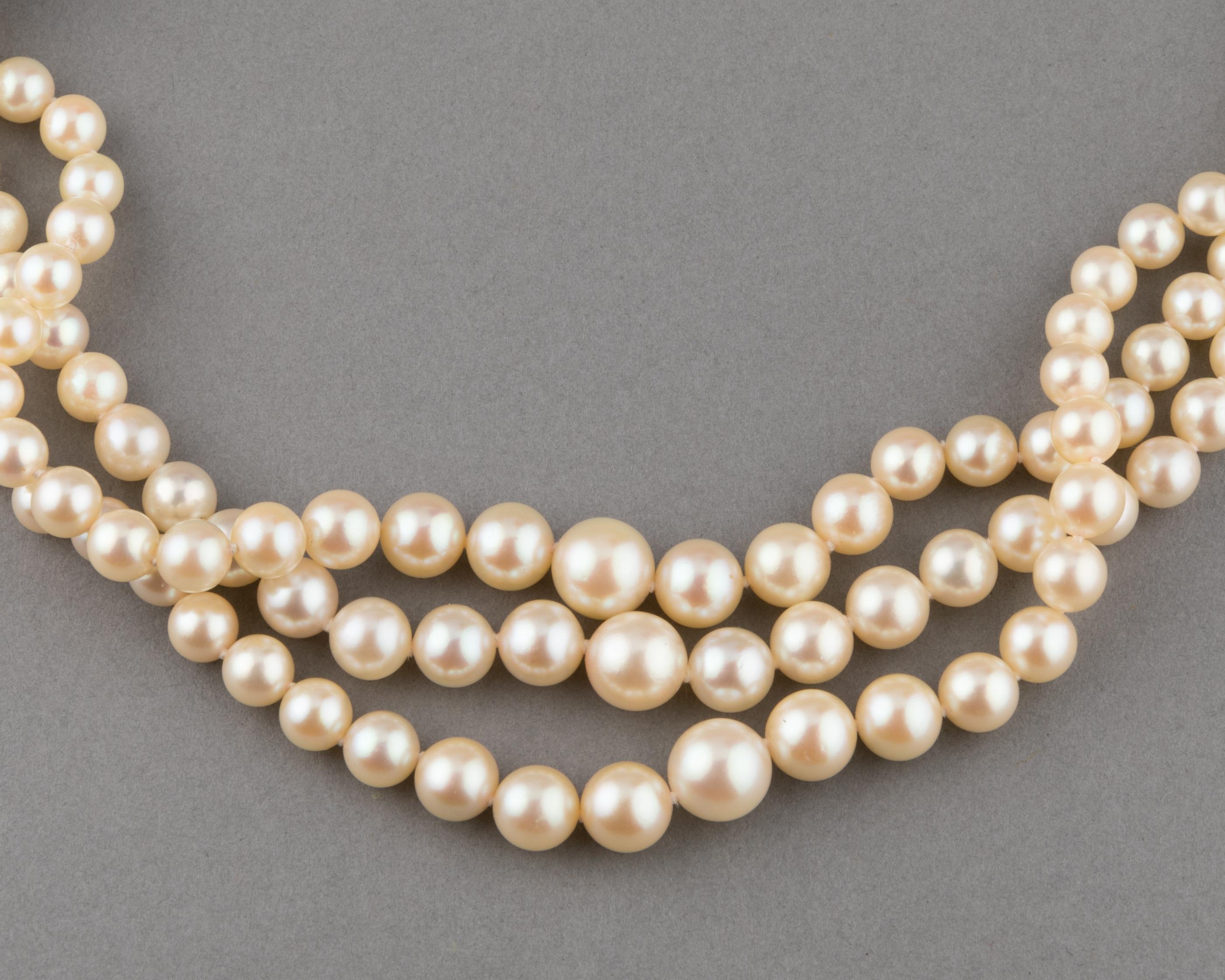Round Cut Gold Pearls and 1.80 Carats Diamonds French Vintage Necklace