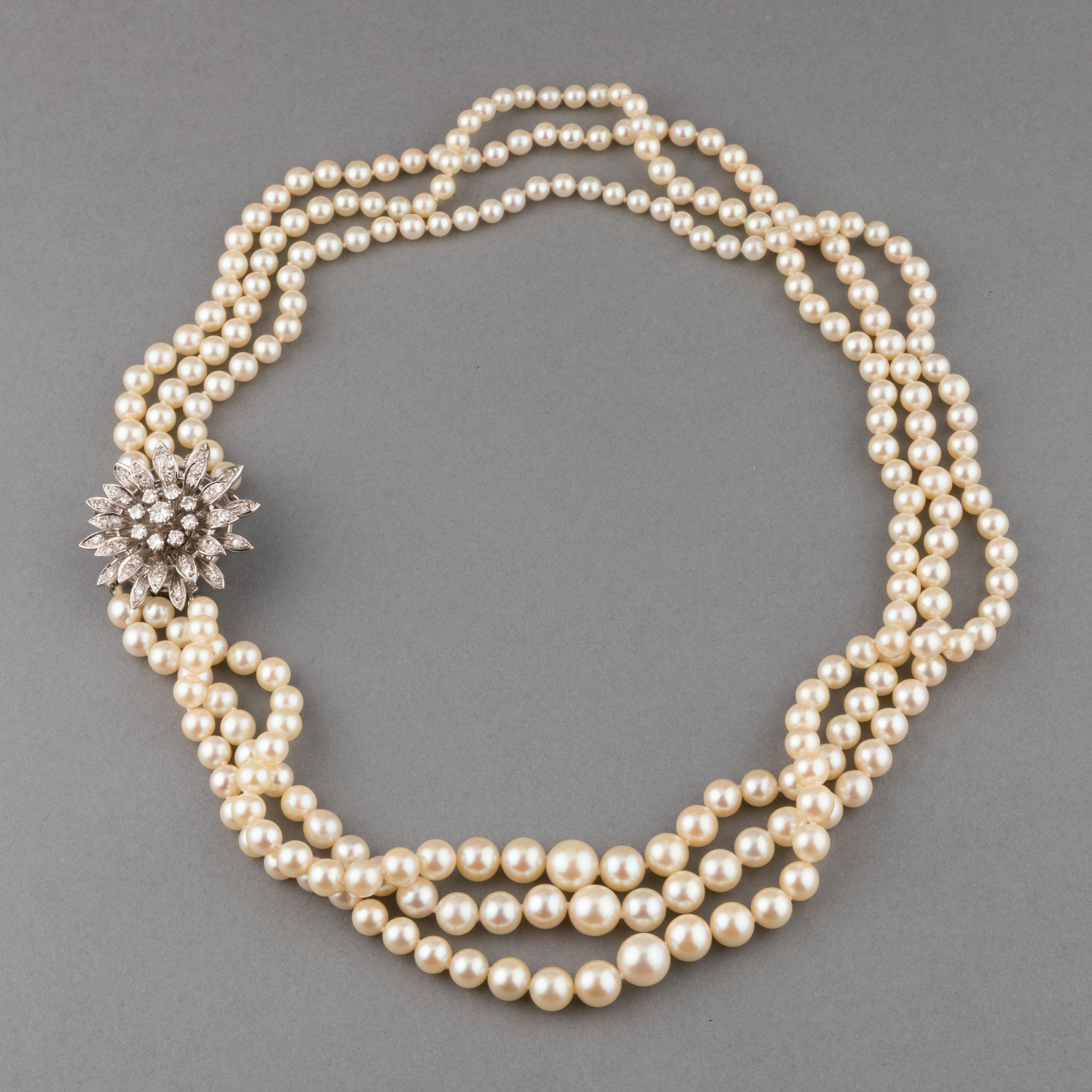 Gold Pearls and 1.80 Carats Diamonds French Vintage Necklace In Excellent Condition In Saint-Ouen, FR