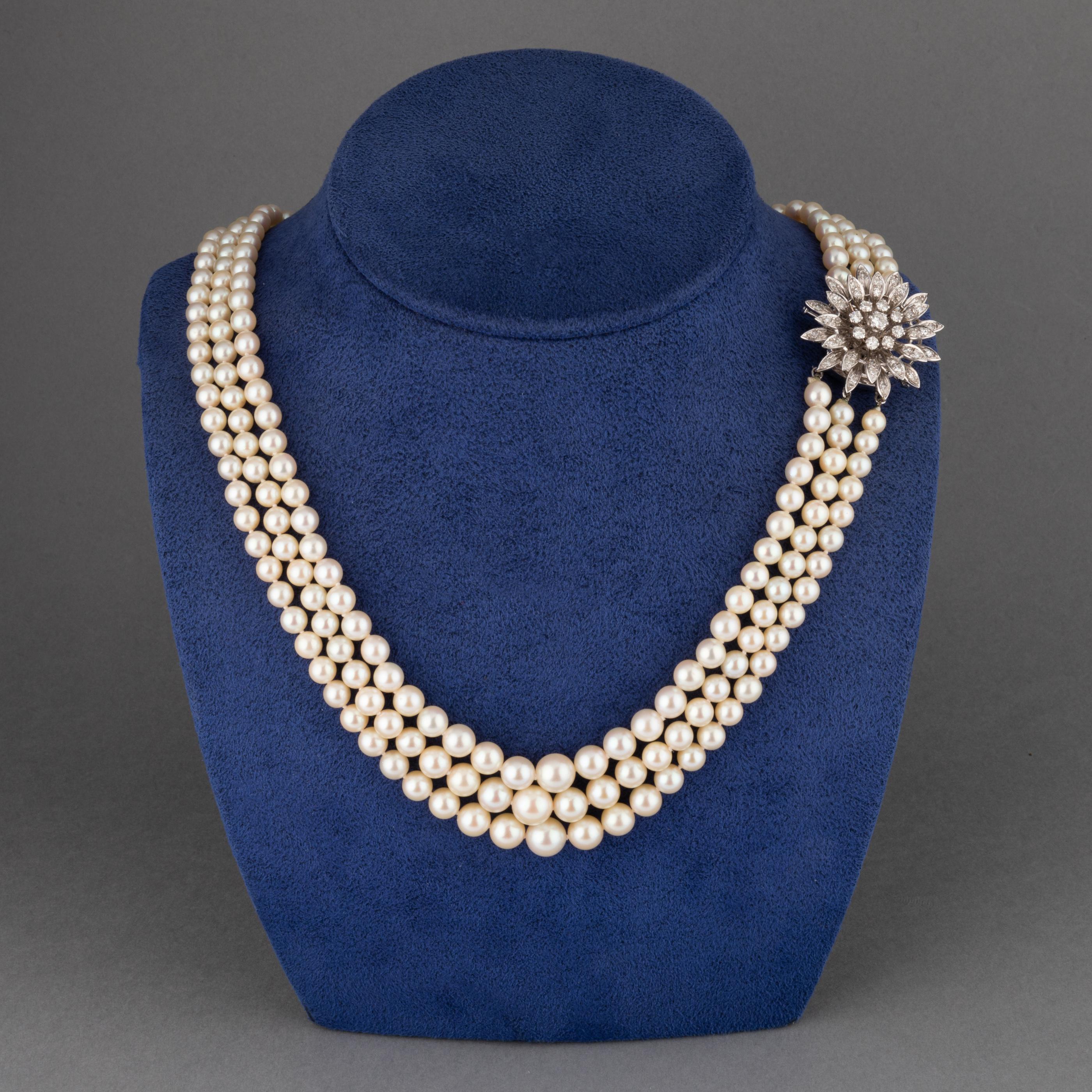 Gold Pearls and 1.80 Carats Diamonds French Vintage Necklace 3