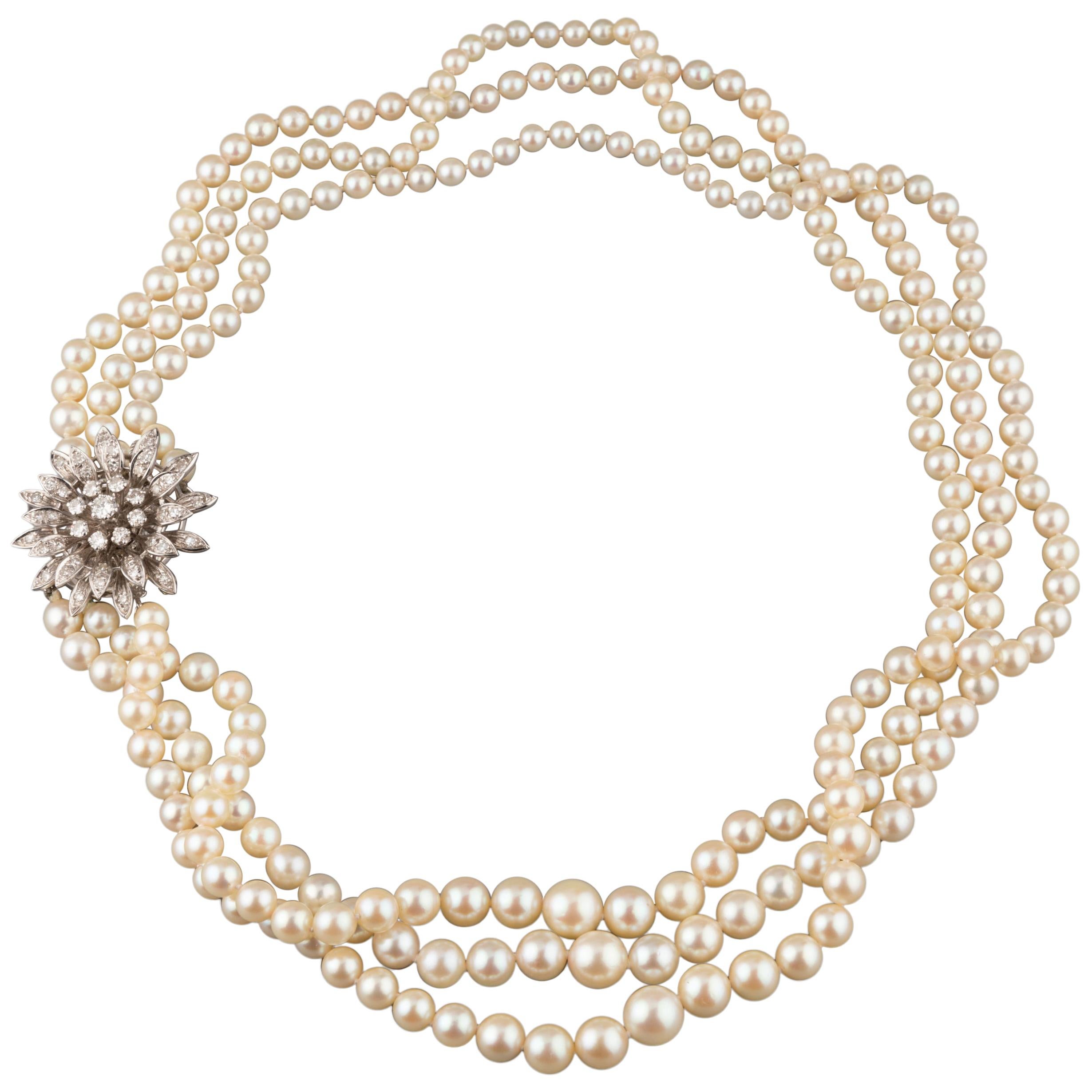 Gold Pearls and 1.80 Carats Diamonds French Vintage Necklace