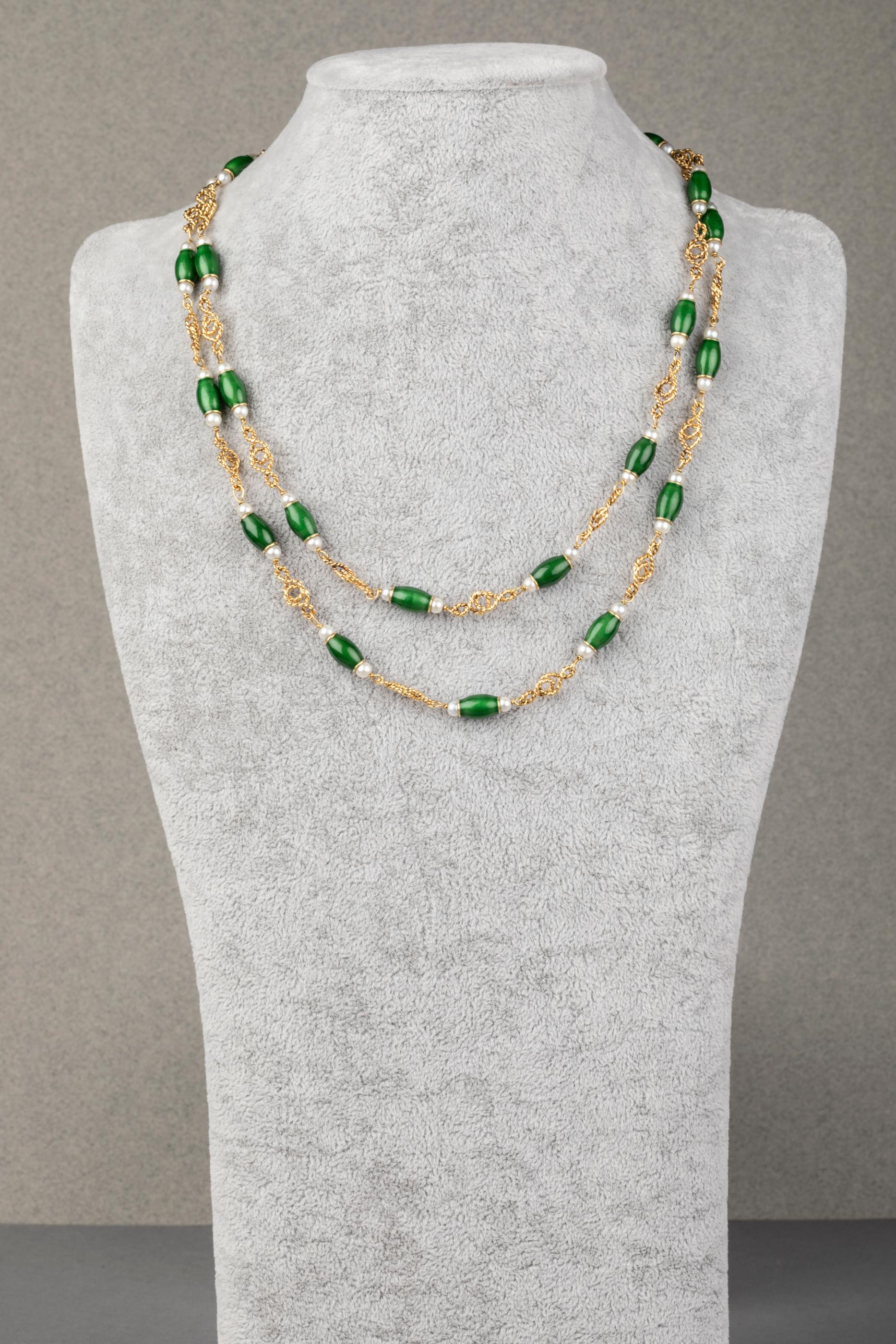 Gold Pearls and Enamel French Long Necklace In Good Condition In Saint-Ouen, FR