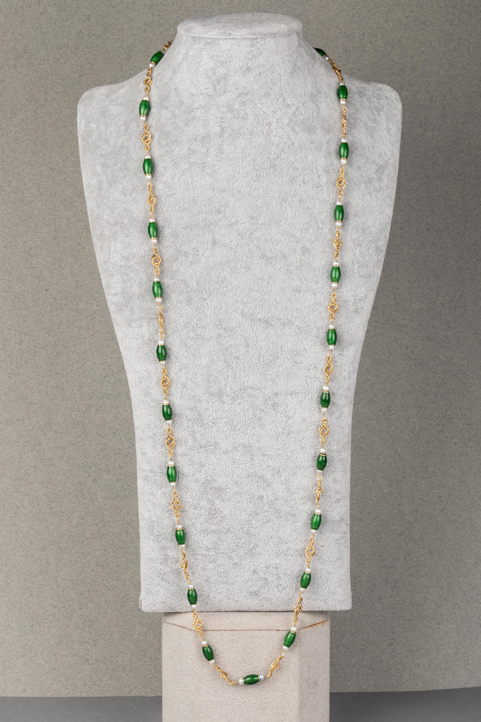 Women's Gold Pearls and Enamel French Long Necklace