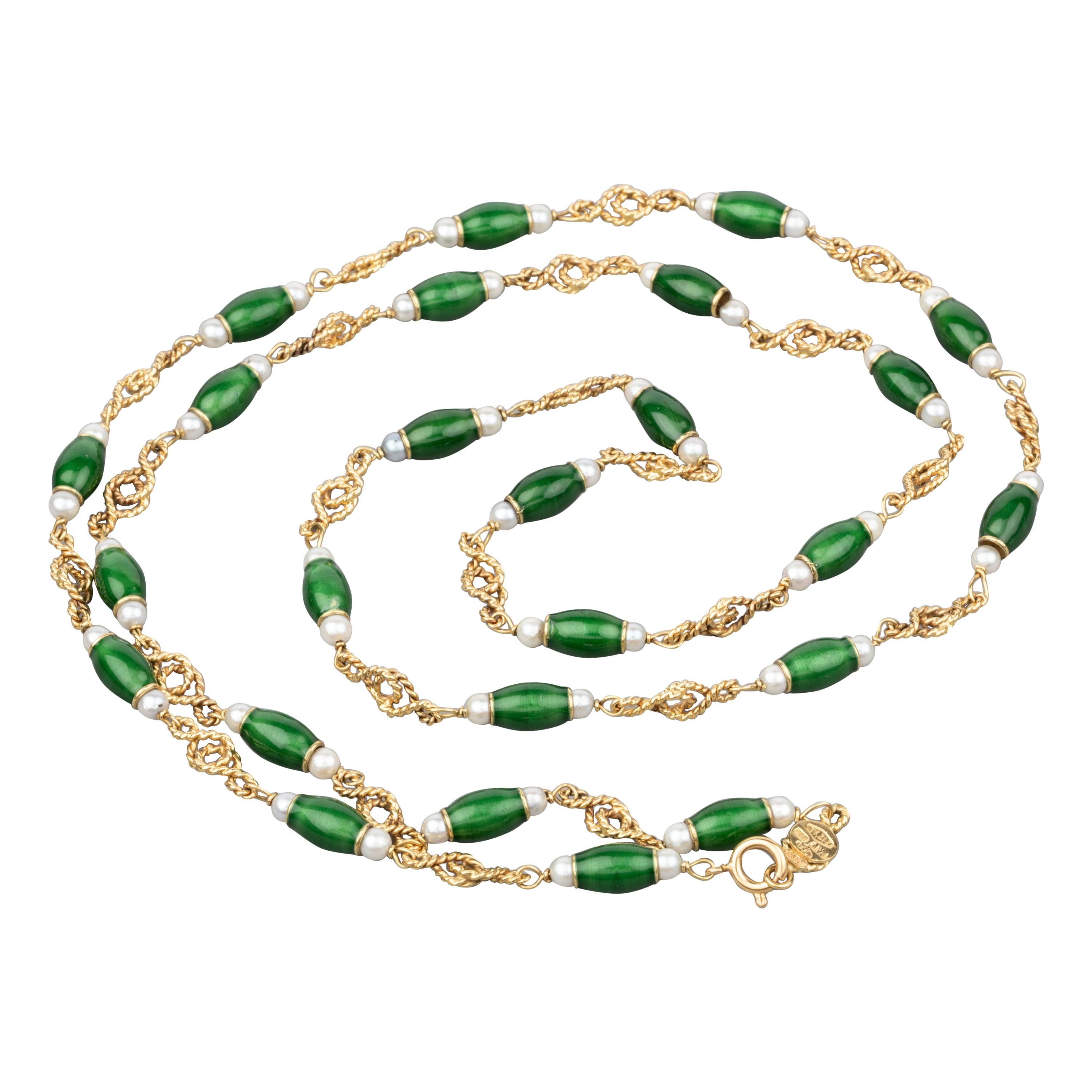 Gold Pearls and Enamel French Long Necklace