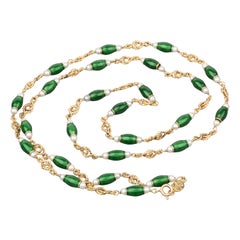 Gold Pearls and Enamel French Long Necklace