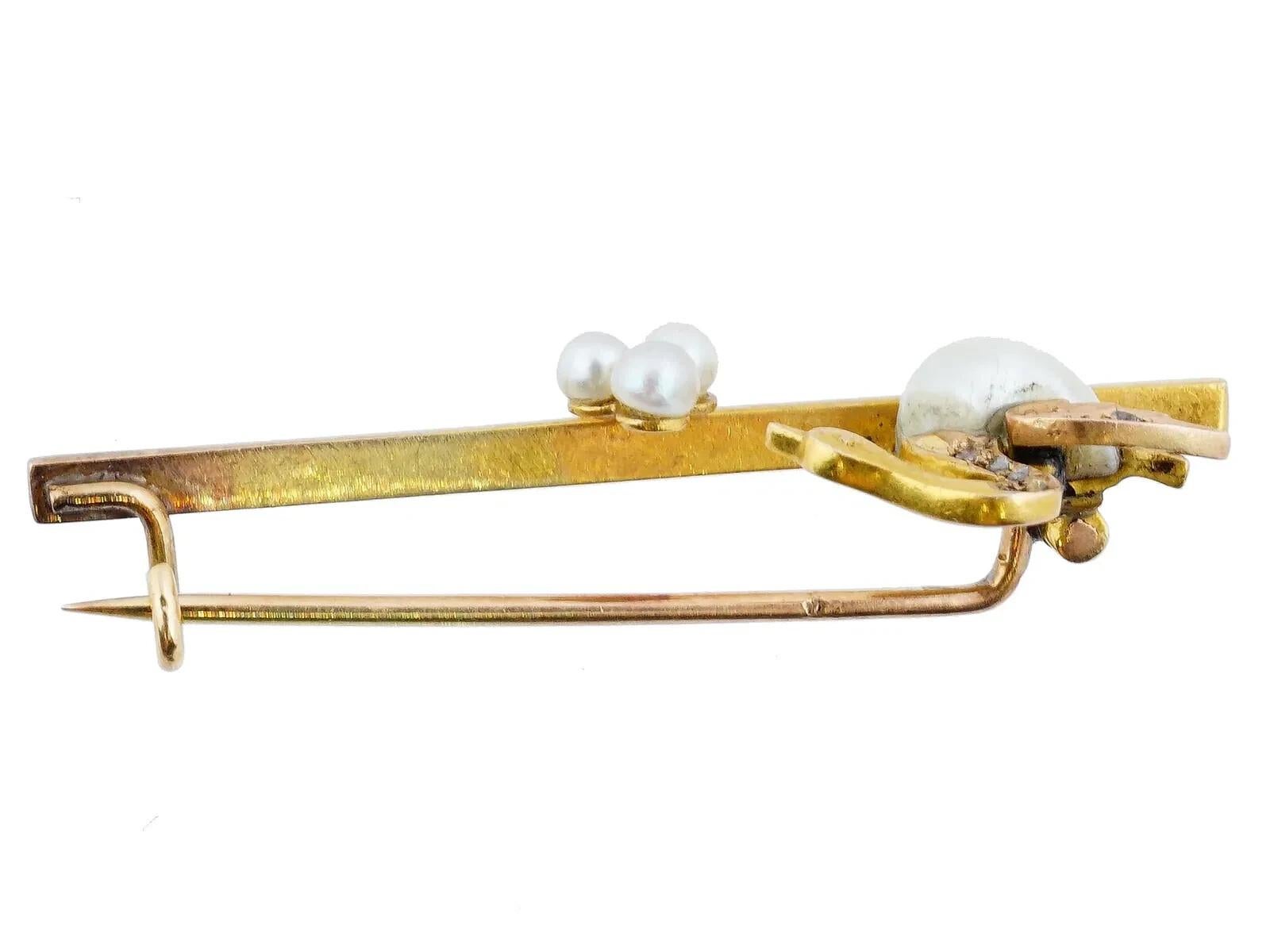 Round Cut Gold Pearls Sculptural Swan Design Jewelry Brooch For Sale
