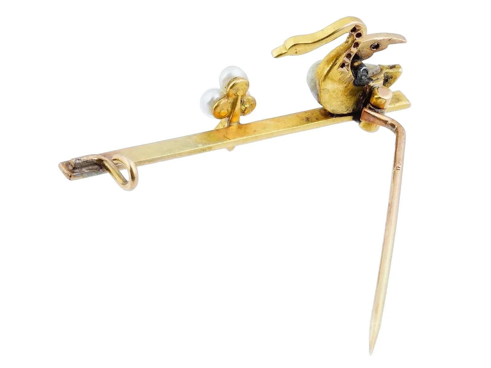 Women's Gold Pearls Sculptural Swan Design Jewelry Brooch For Sale