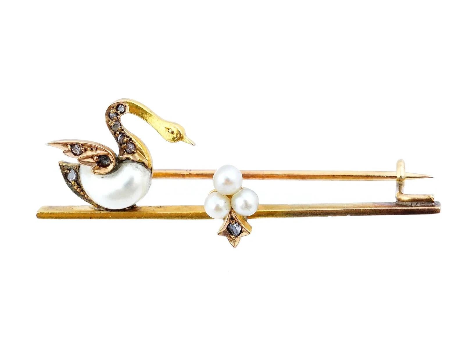 Gold Pearls Sculptural Swan Design Jewelry Brooch For Sale