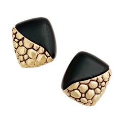 Retro Gold Pebble Texture & Black Acrylic Earrings By Givenchy, 1980s
