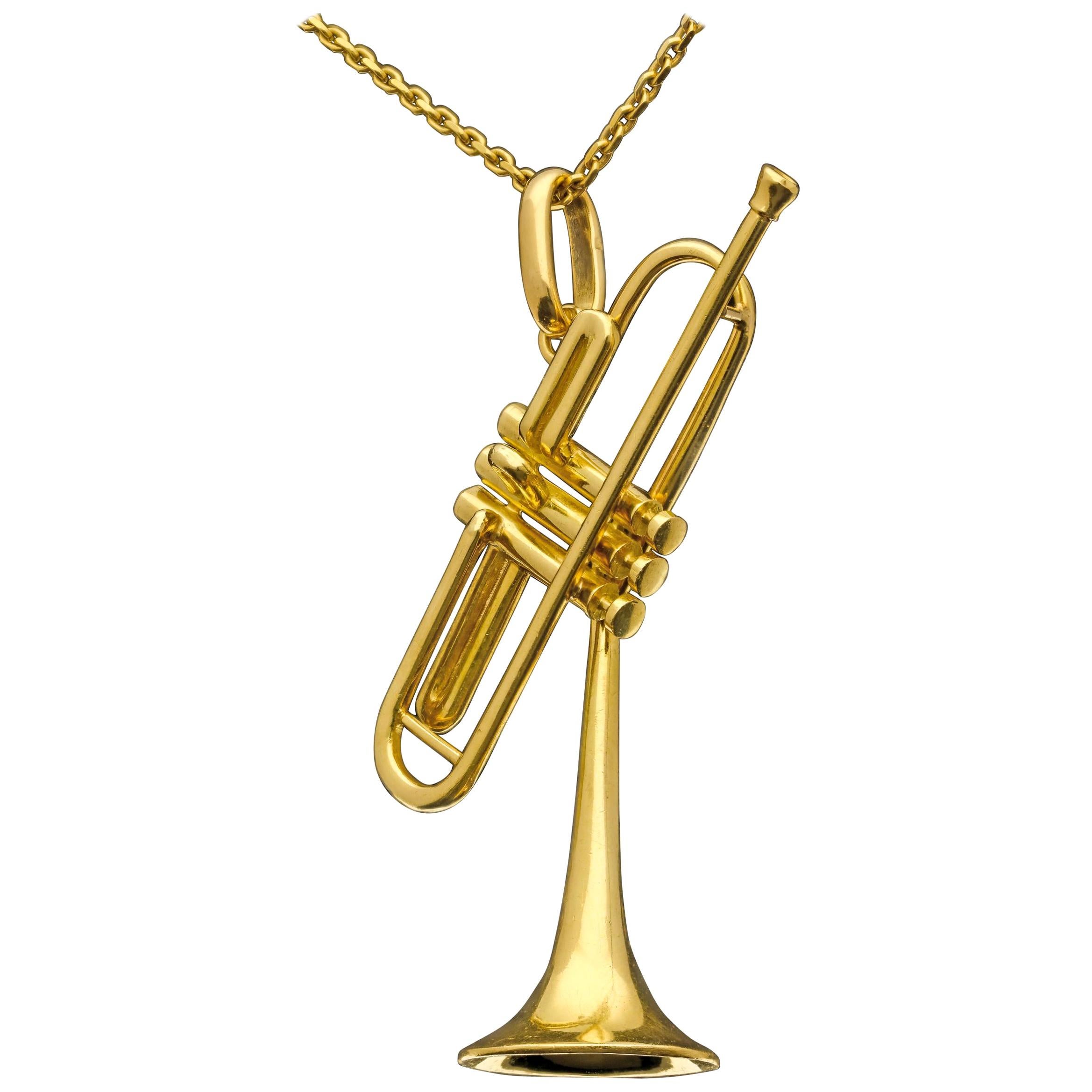 Gold Pendant in the Form of Dizzy Gillespie's Iconic Jazz 'Bent' Trumpet