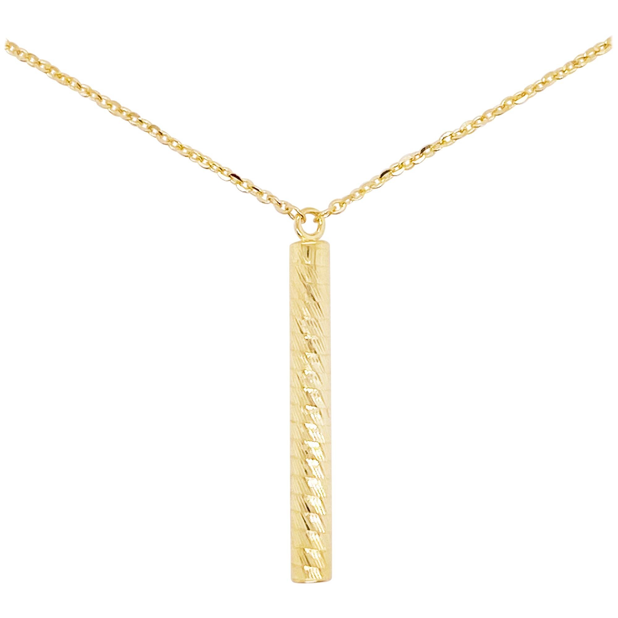 Gold Pendant Necklace, 14 Karat Gold, Textured Cylinder Pendant For Sale