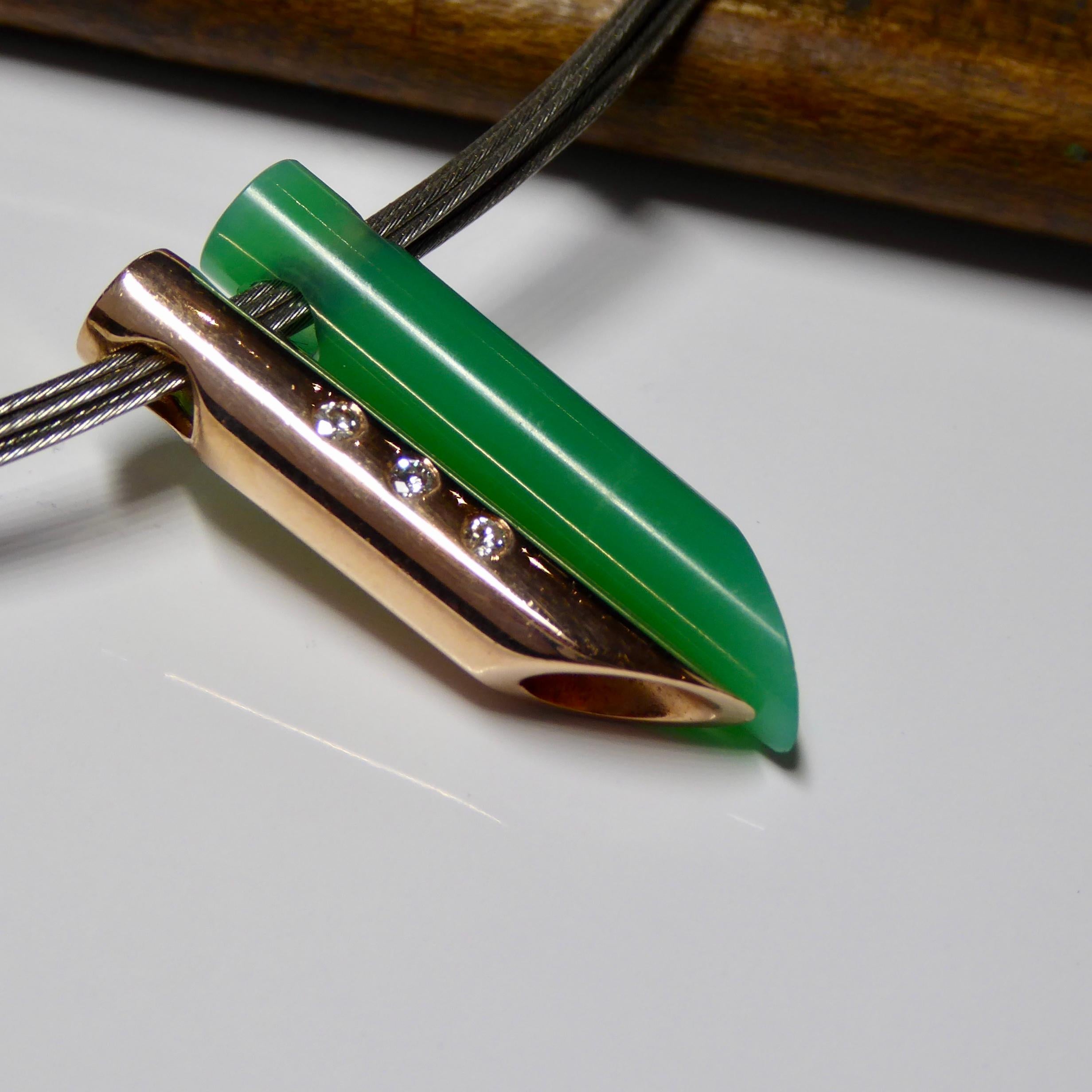 Gold, Pendant Necklace, Diamond, Modern Design, Stainless steel wire necklace with golden lock. 
Two individual pendants. One Rosé gold pendant, set with 3 diamonds, brilliant cut, total weight 0,06 carat and one green Chrysoprase pendant.
Clarity