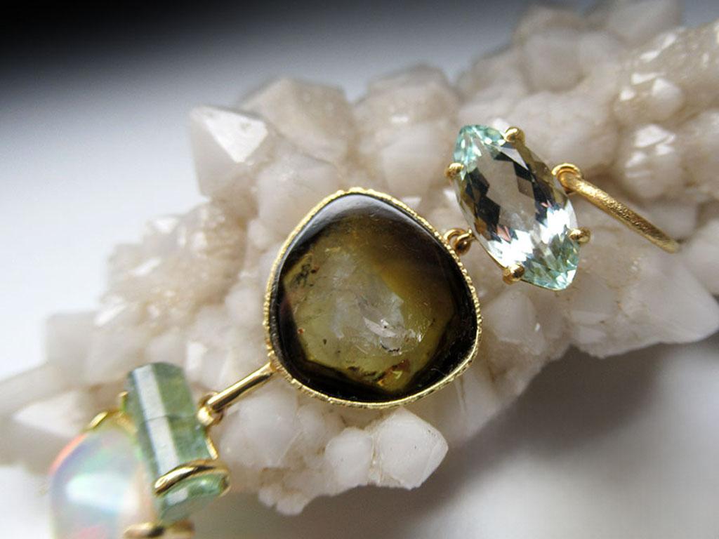 Gold Pendant of Tourmalines Aquamarine Opal Morganite Chakra For Sale 5