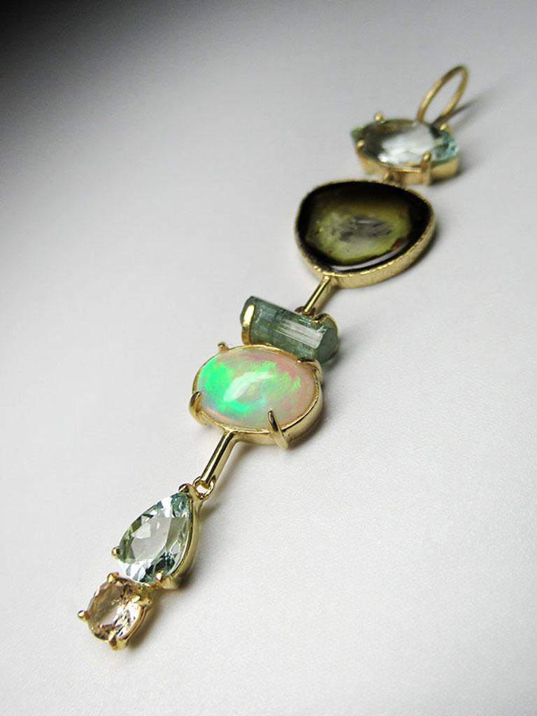 Artisan Gold Pendant of Tourmalines Aquamarine Opal Morganite Chakra For Sale