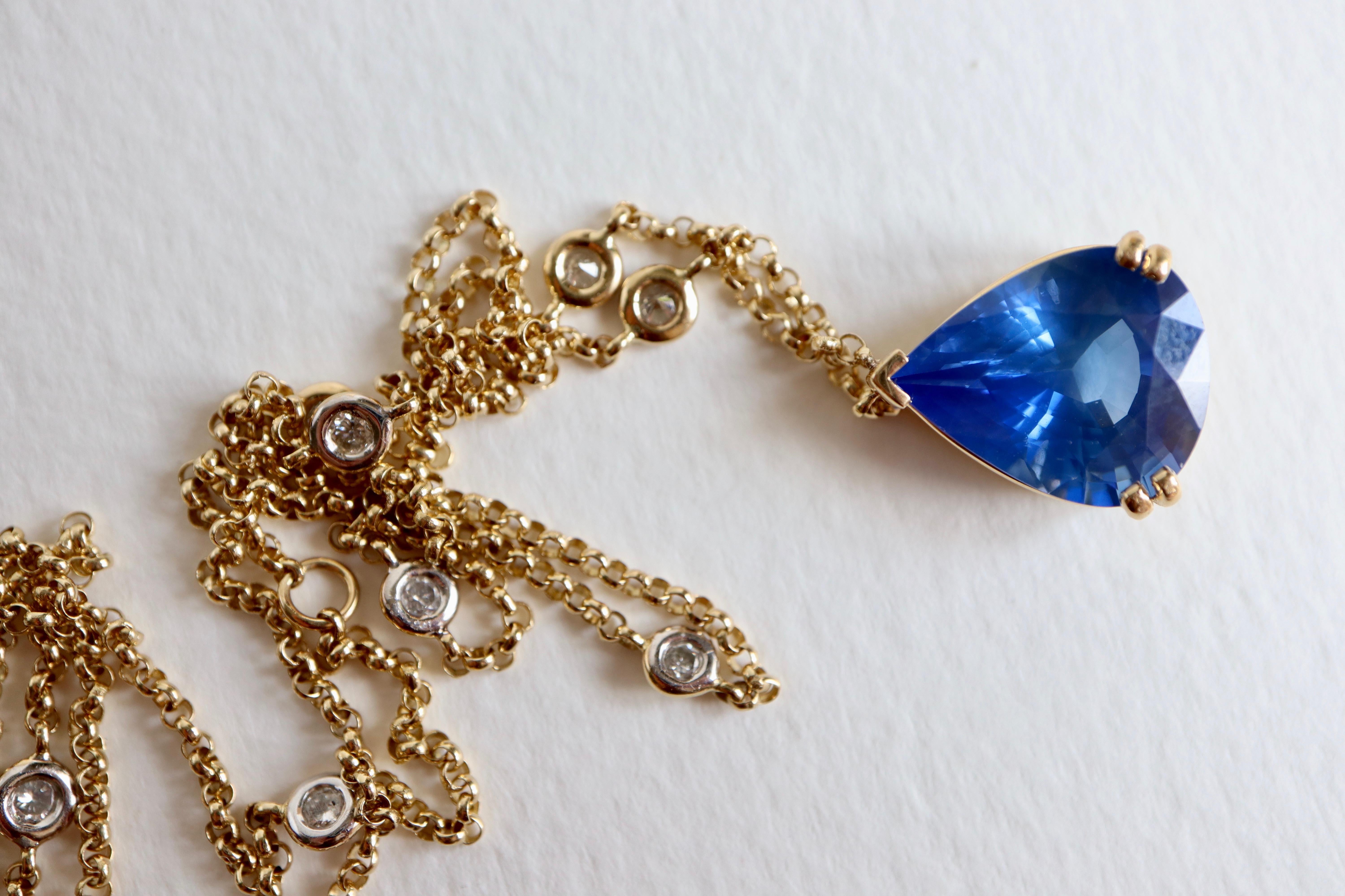 Gold Pendant with Sapphire 6.38 Carat Pear-Cut  For Sale 3