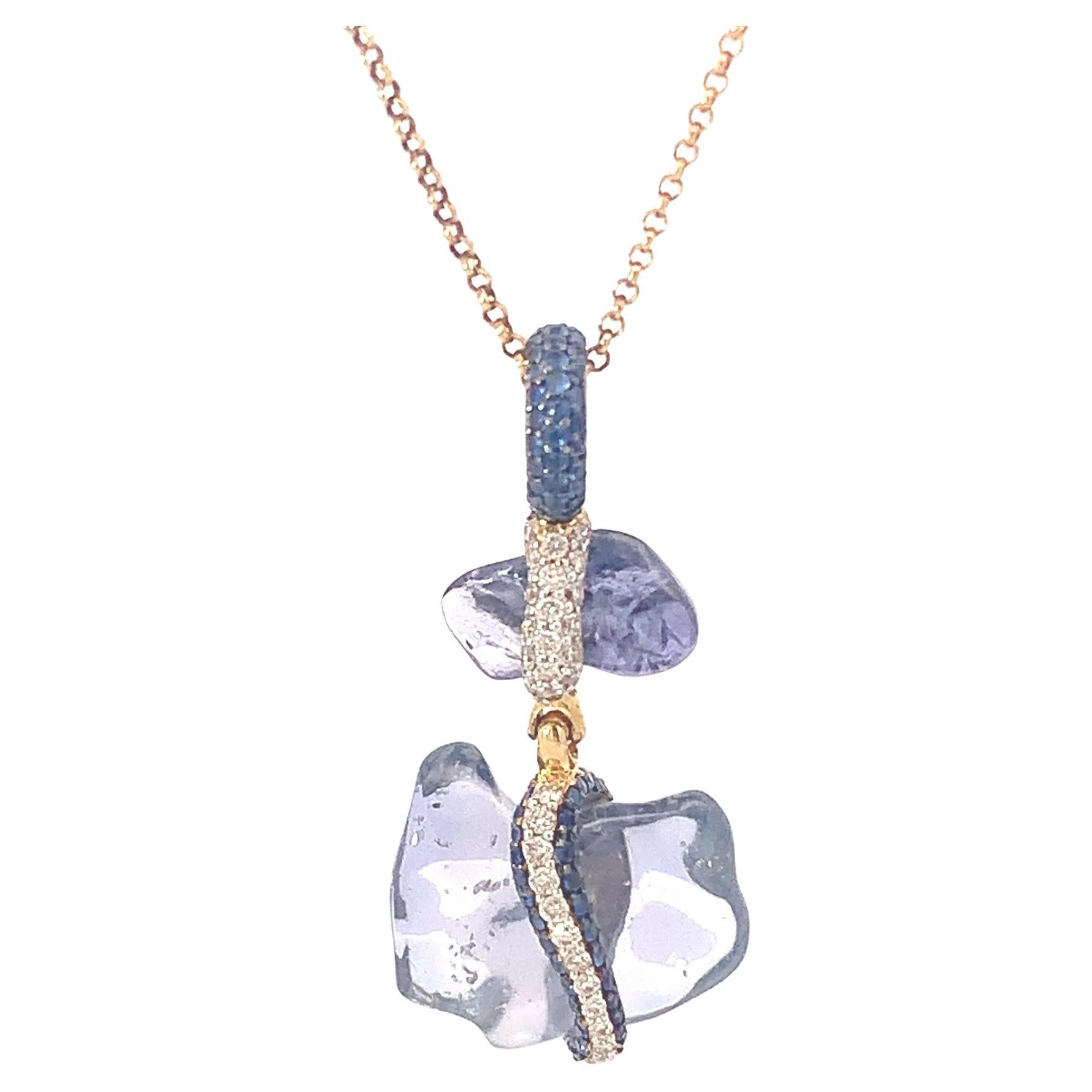 Gold Pendant with Brownish Diamonds and Blue Uncut Sapphires
