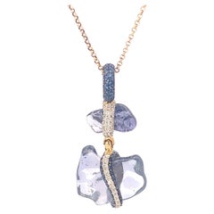 Gold Pendant with Brownish Diamonds and Blue Uncut Sapphires