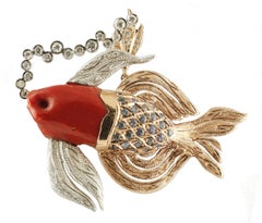 Diamonds, Blue Sapphires, Red Coral, 14K Rose Gold, Fish Shape Pendant Necklace