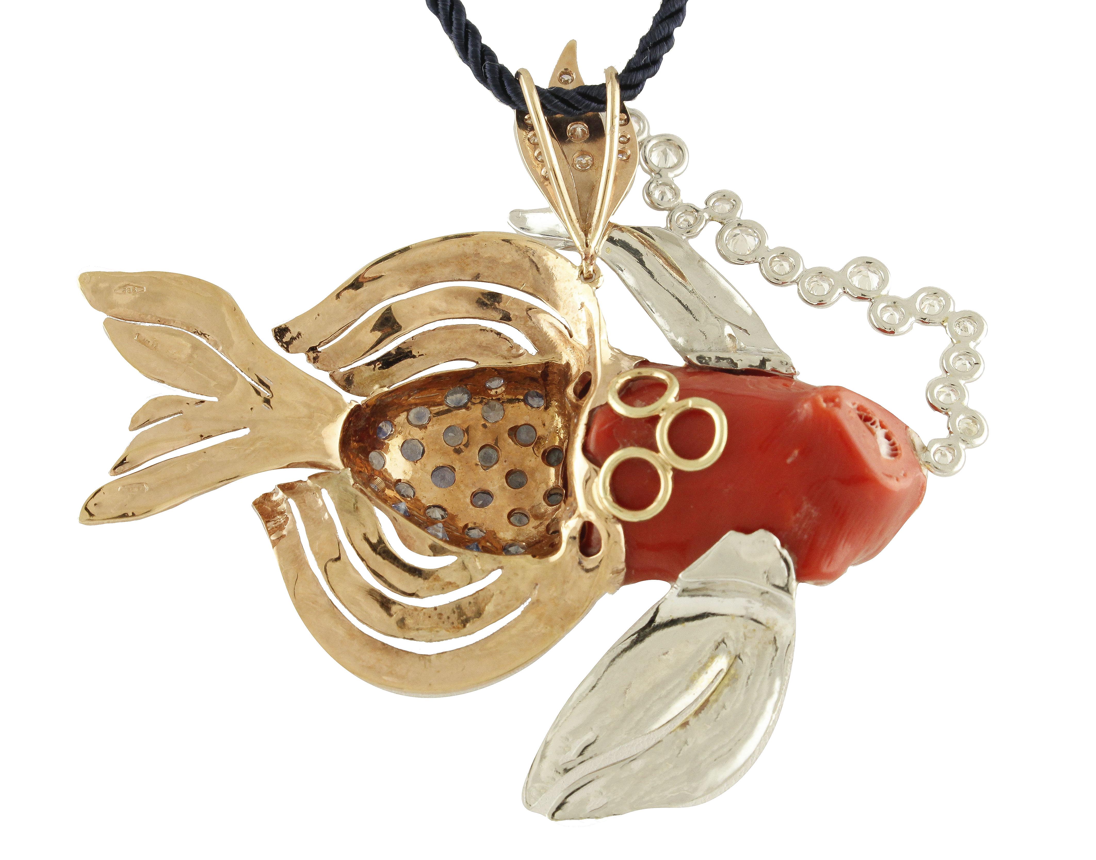Retro Diamonds, Blue Sapphires, Red Coral, 14K Rose Gold, Fish Shape Pendant Necklace For Sale